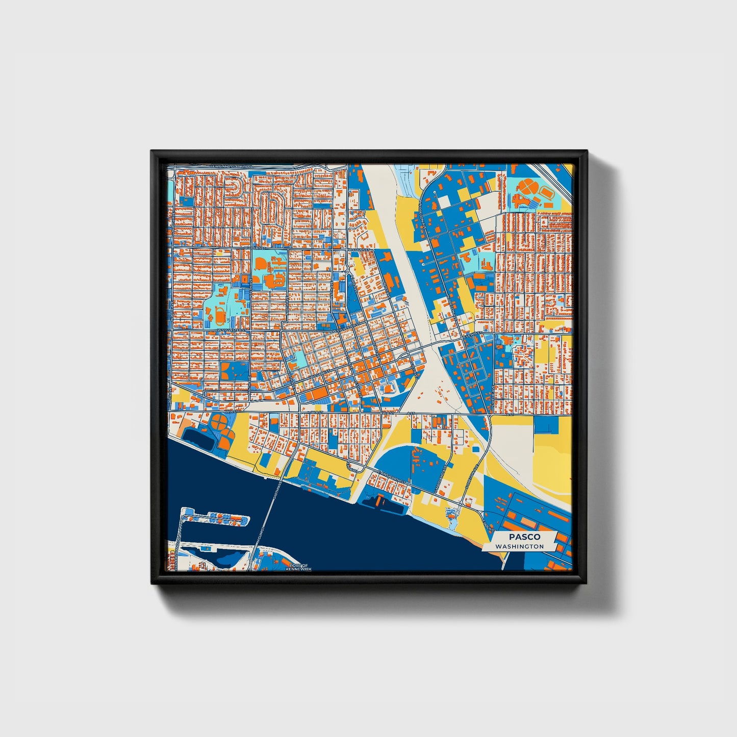 Pasco Washington Colorful City Map Canvas Print • Black Framed