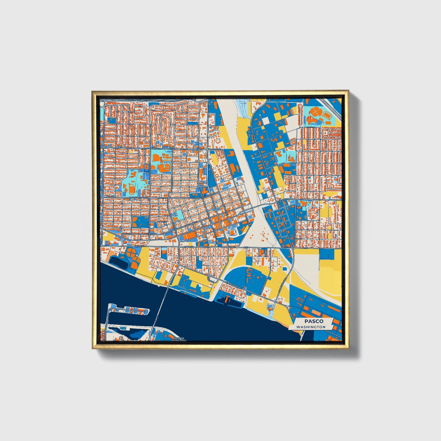Pasco Washington Colorful City Map Canvas Print • Gold Framed