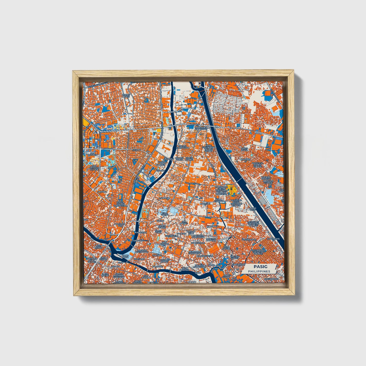 Pasig Philippines Colorful City Map Canvas Print • Natural Wooden Framed