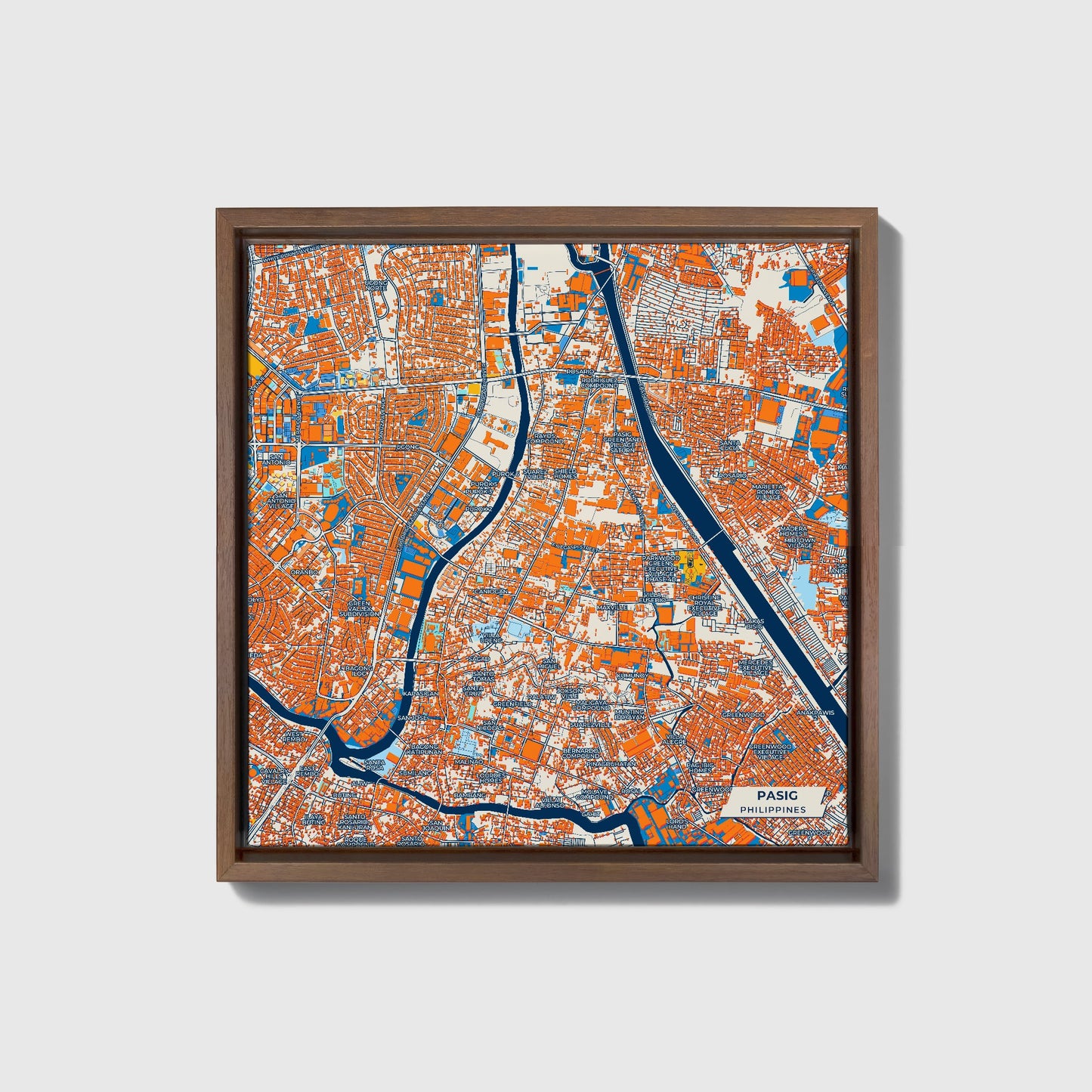 Pasig Philippines Colorful City Map Canvas Print • Dark Wooden Framed
