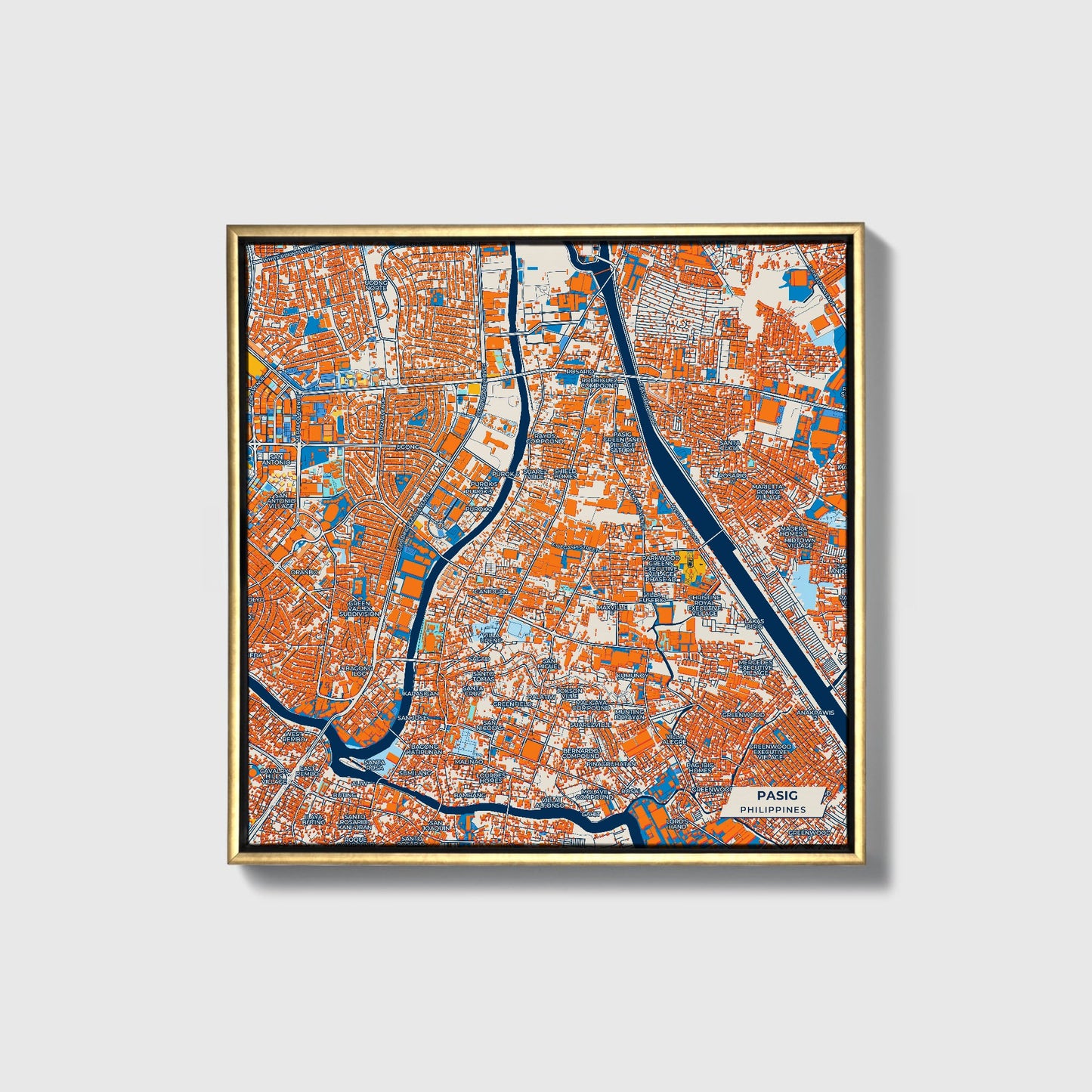 Pasig Philippines Colorful City Map Canvas Print • Gold Framed