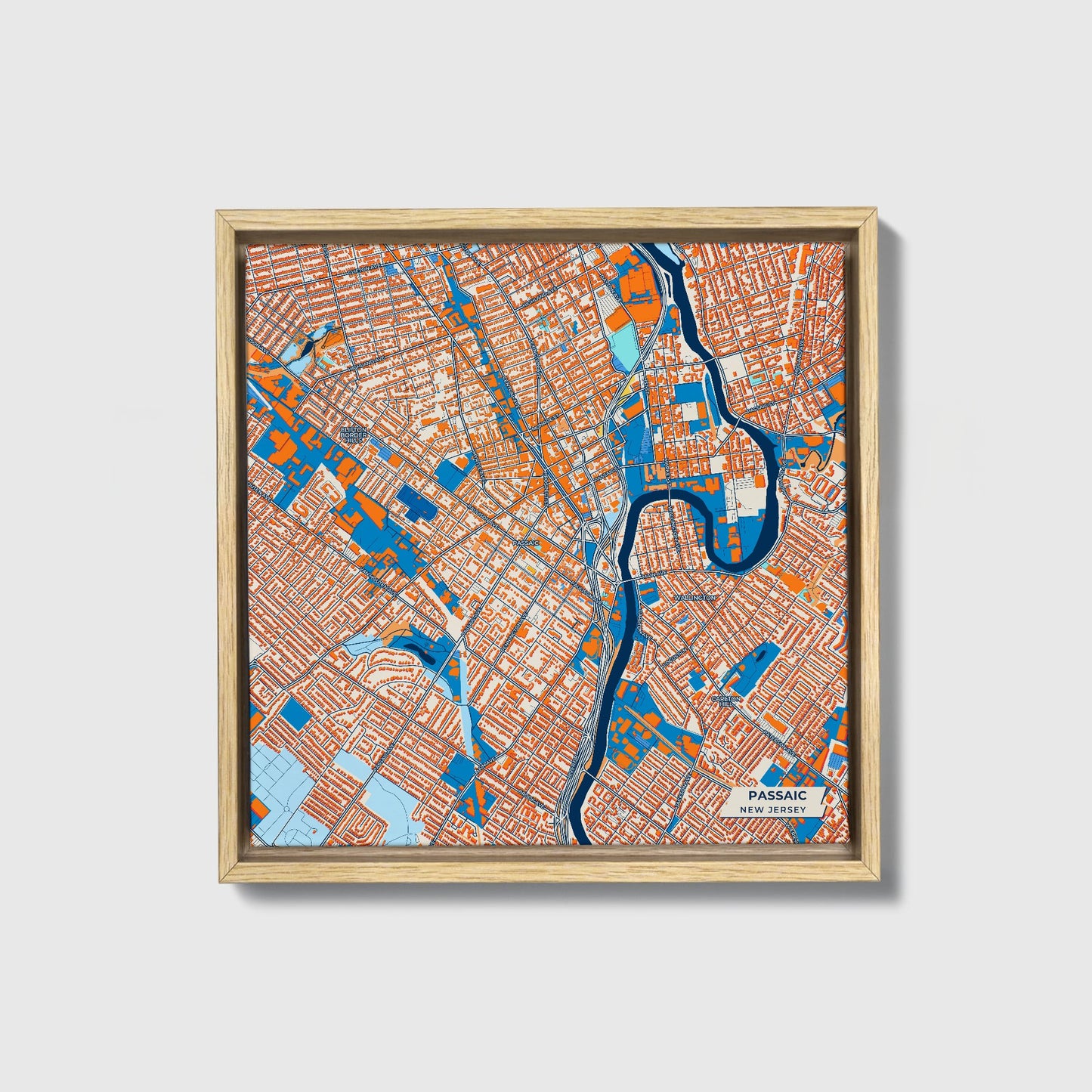 Passaic New Jersey Colorful City Map Canvas Print • Natural Wooden Framed