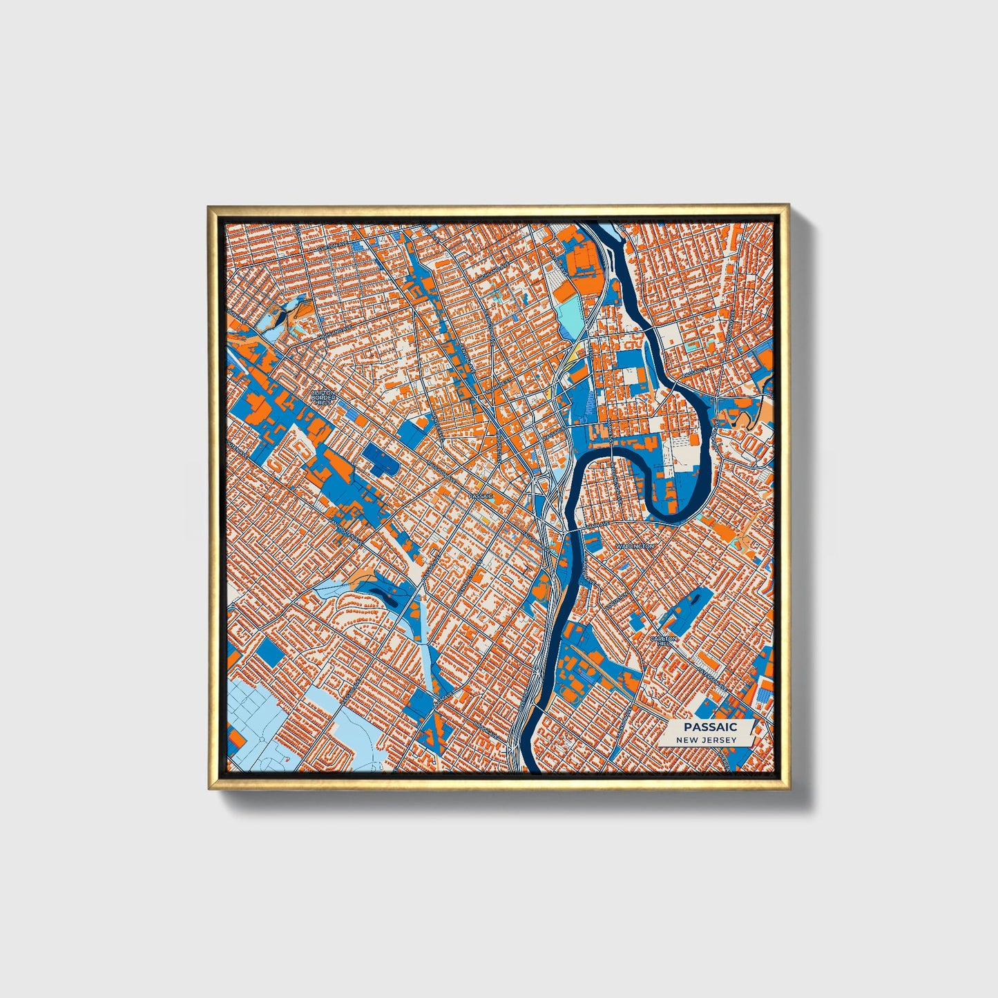 Passaic New Jersey Colorful City Map Canvas Print • Gold Framed