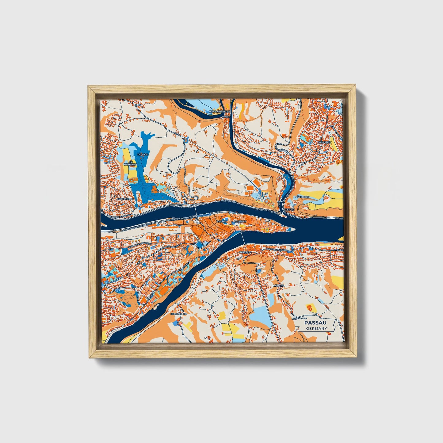 Passau Germany Colorful City Map Canvas Print • Natural Wooden Framed