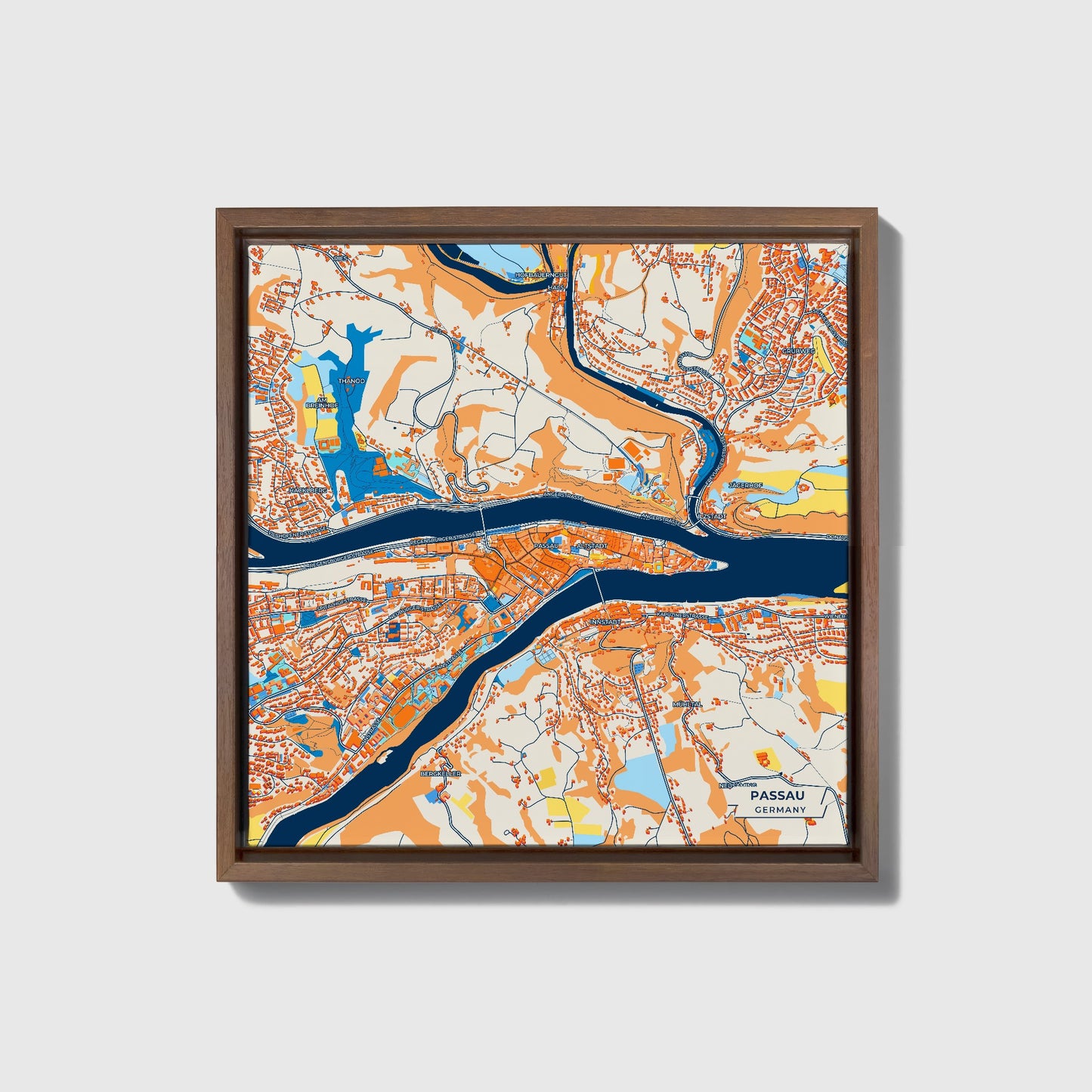 Passau Germany Colorful City Map Canvas Print • Dark Wooden Framed