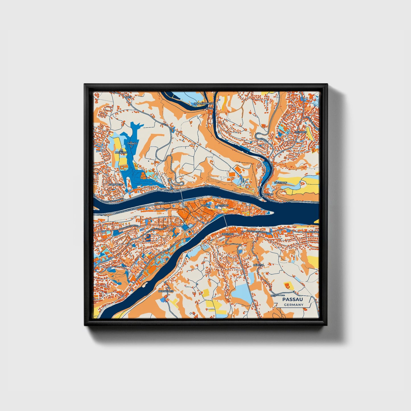 Passau Germany Colorful City Map Canvas Print • Black Framed