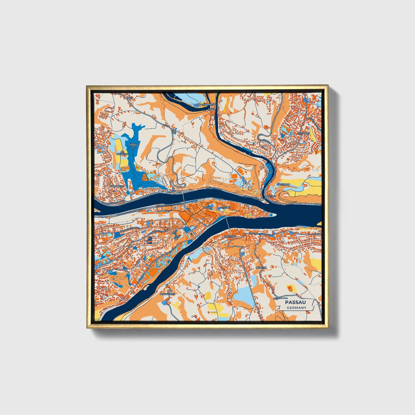 Passau Germany Colorful City Map Canvas Print • Gold Framed