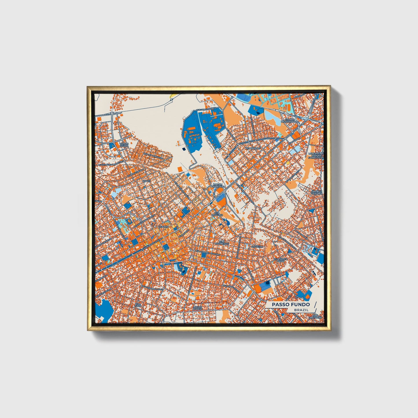 Passo Fundo Brazil Colorful City Map Canvas Print • Gold Framed