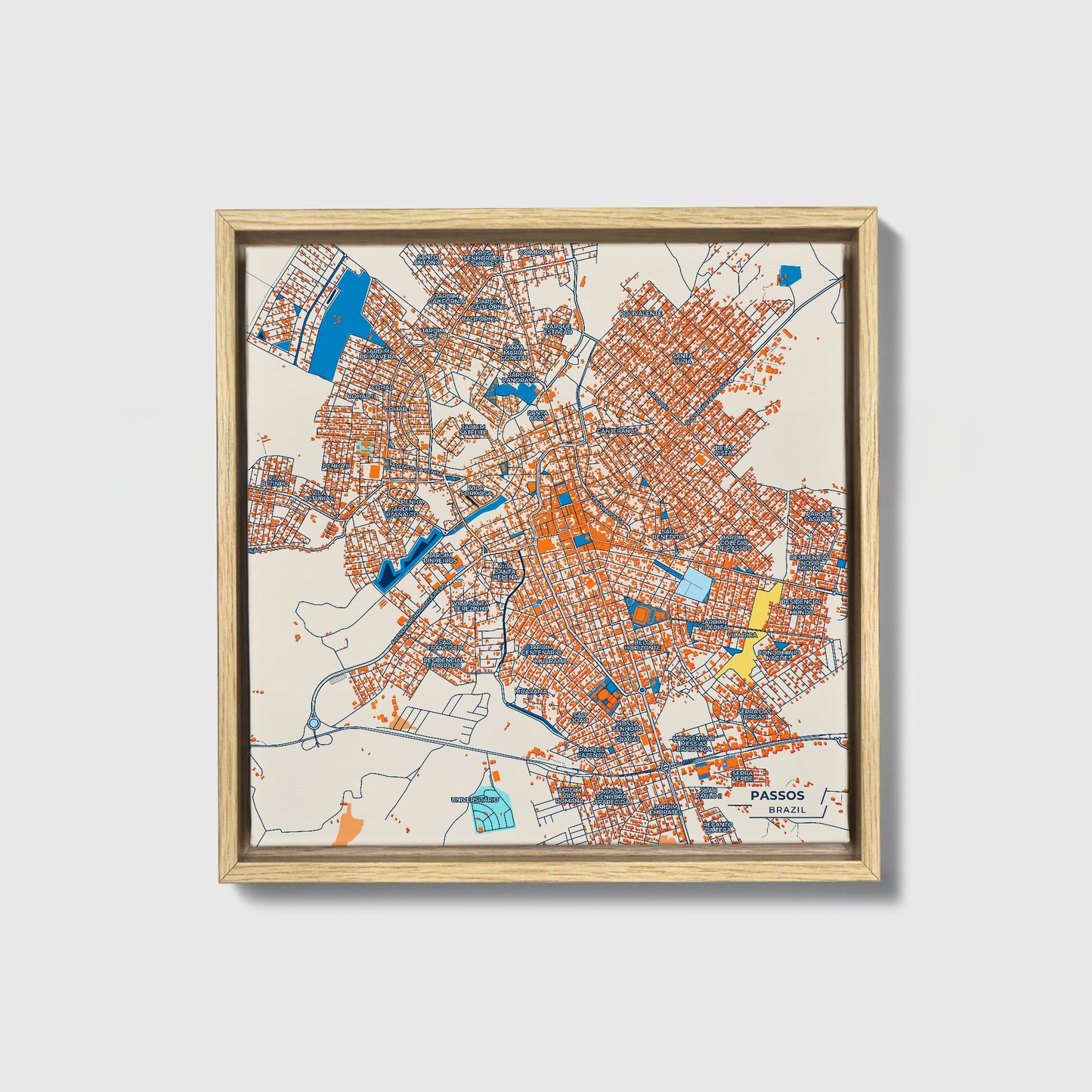 Passos Brazil Colorful City Map Canvas Print • Natural Wooden Framed