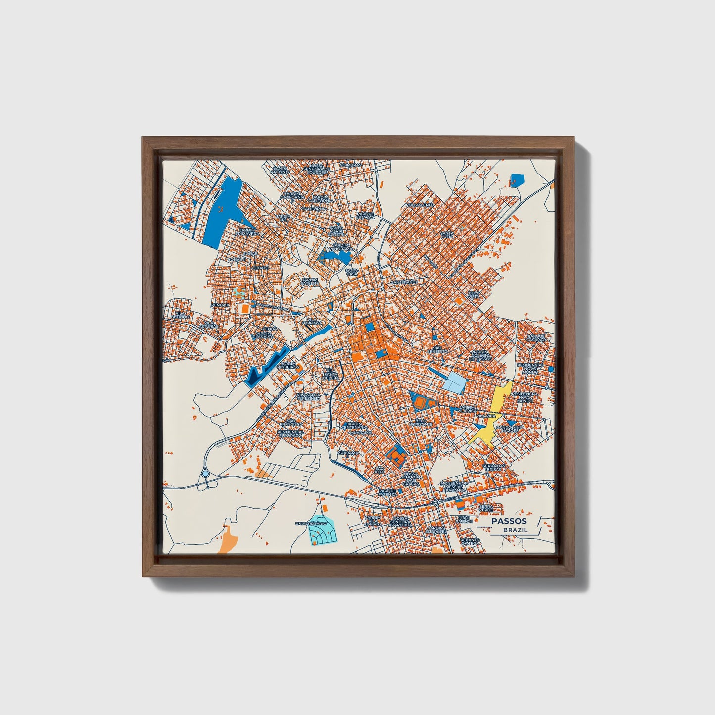 Passos Brazil Colorful City Map Canvas Print • Dark Wooden Framed
