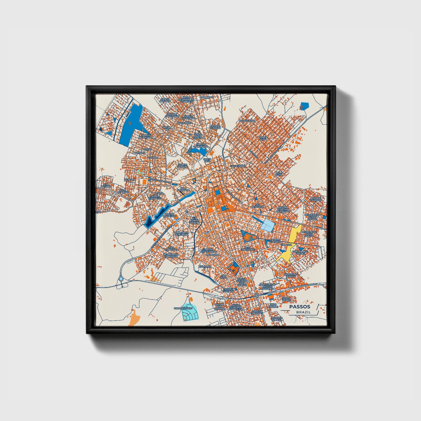 Passos Brazil Colorful City Map Canvas Print • Black Framed