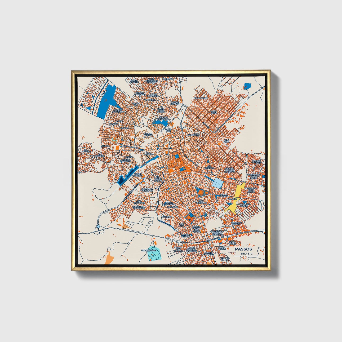 Passos Brazil Colorful City Map Canvas Print • Gold Framed