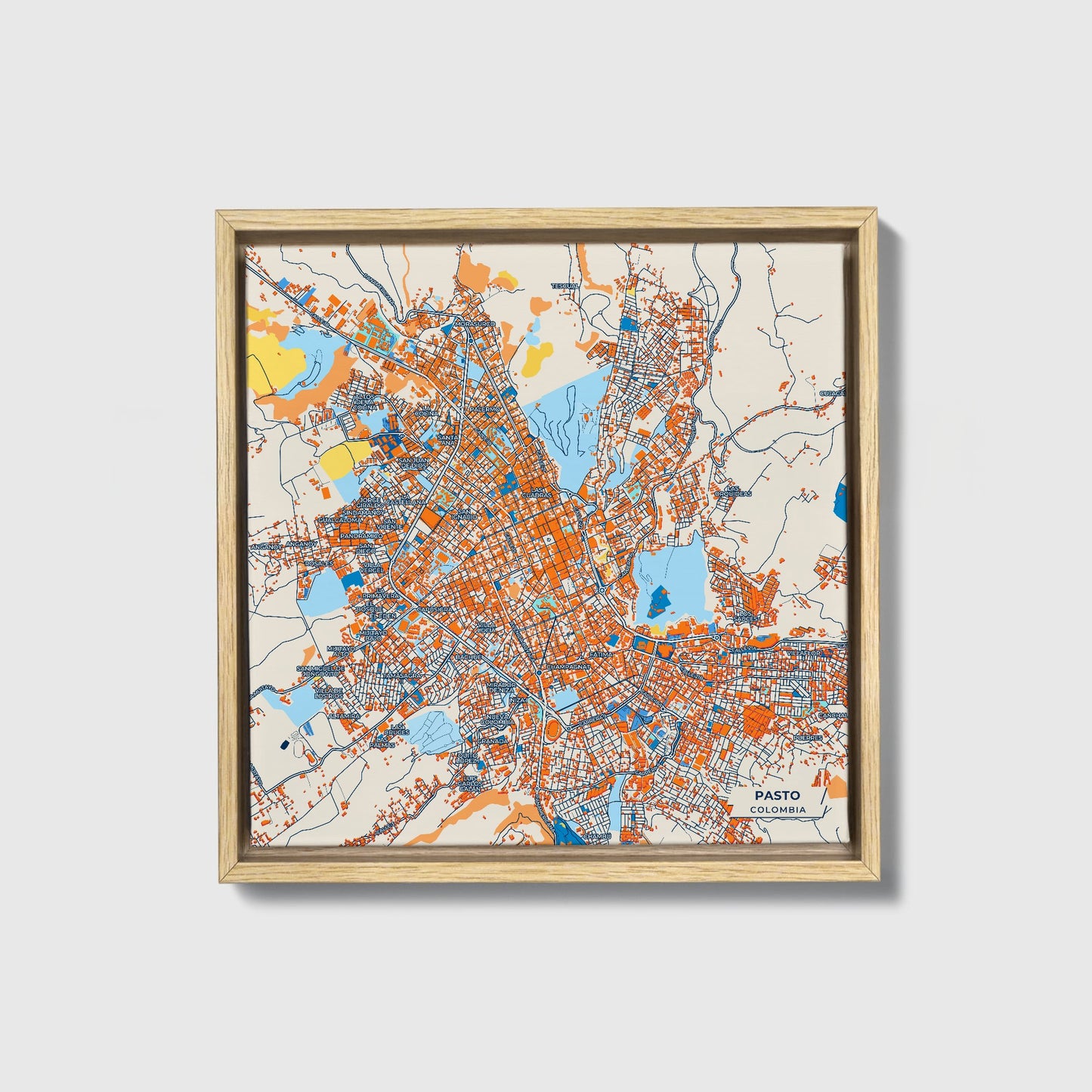 Pasto Colombia Colorful City Map Canvas Print • Natural Wooden Framed