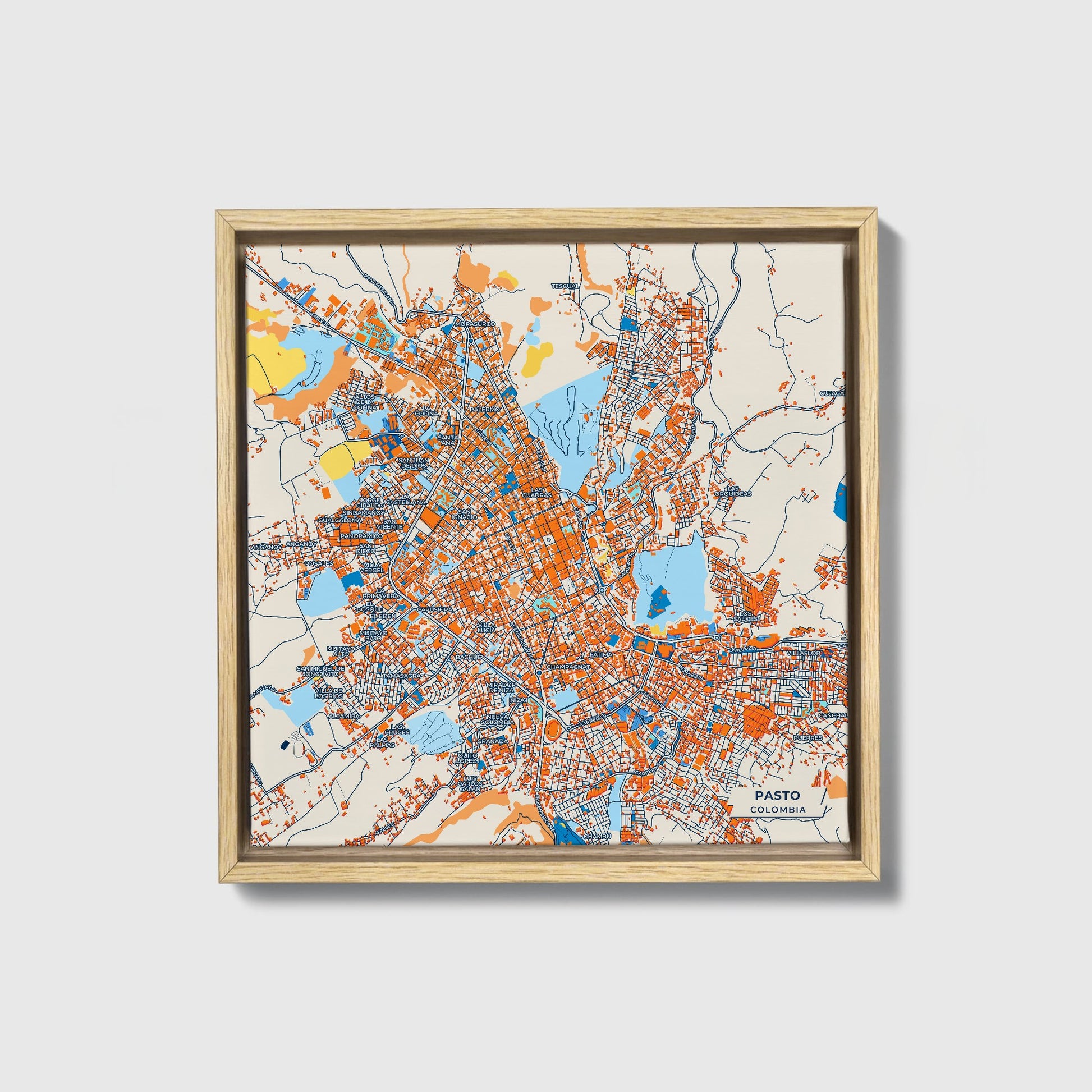 Pasto Colombia Colorful City Map Canvas Print • Natural Wooden Framed