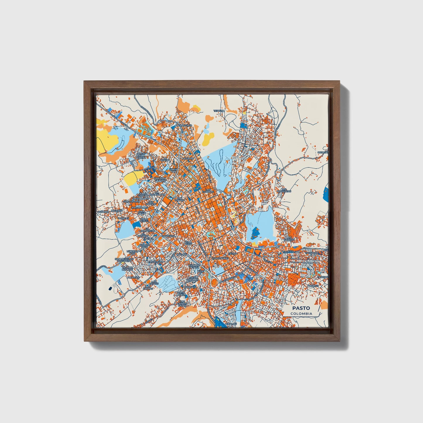 Pasto Colombia Colorful City Map Canvas Print • Dark Wooden Framed