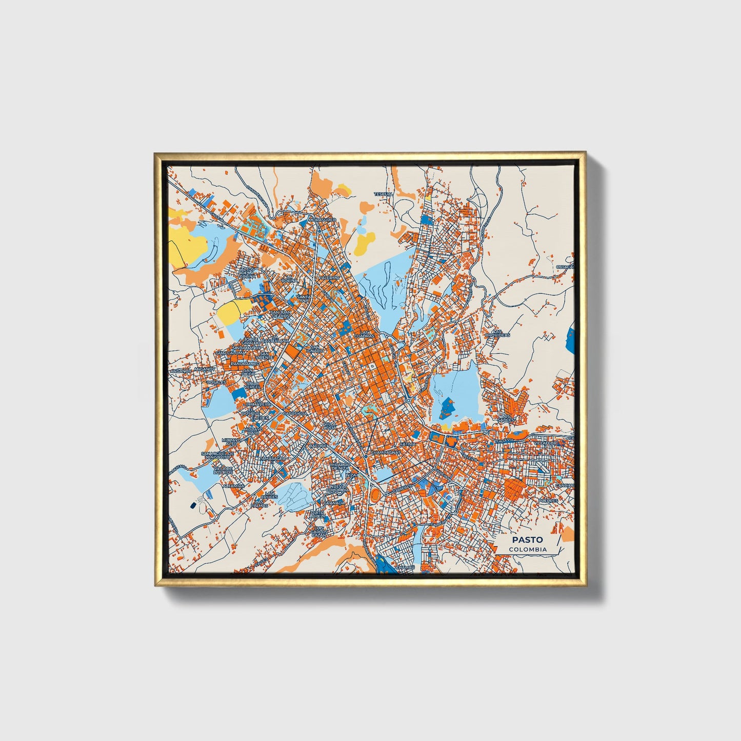 Pasto Colombia Colorful City Map Canvas Print • Gold Framed