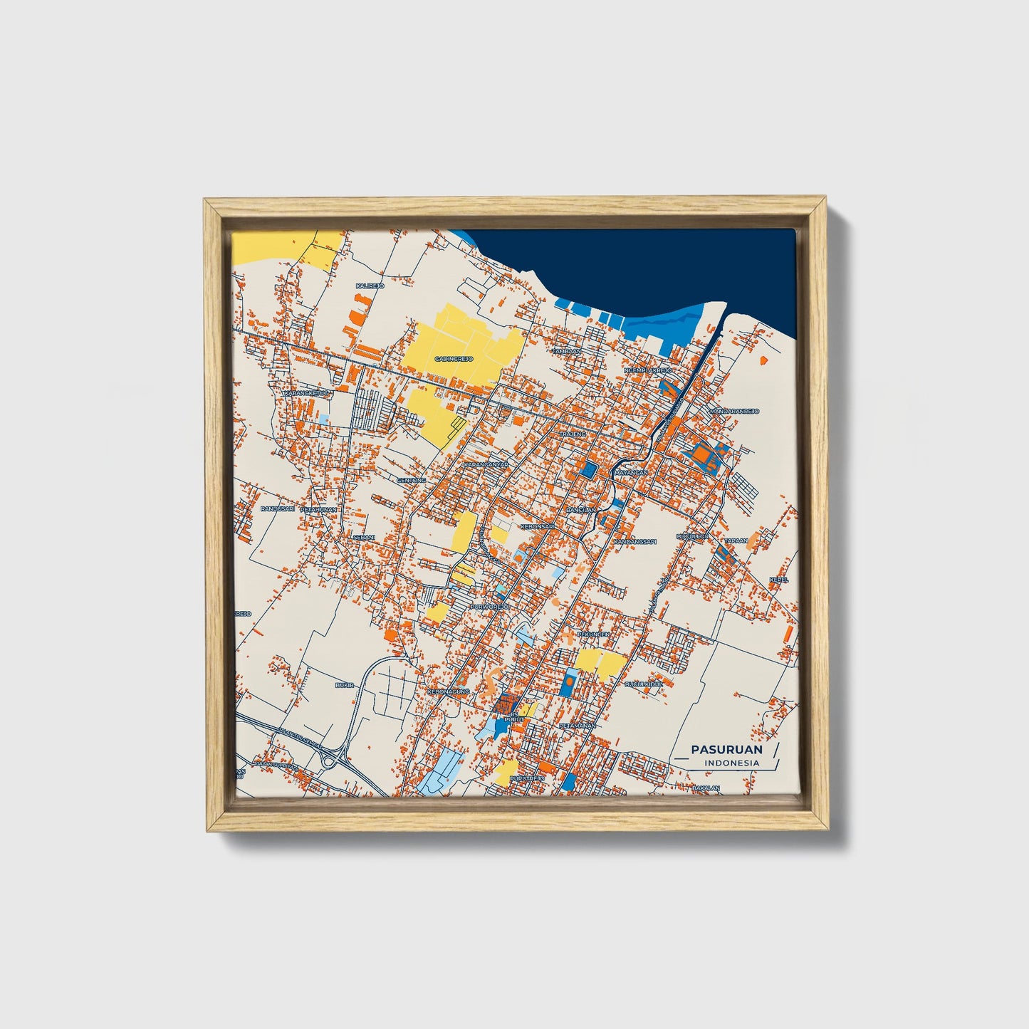 Pasuruan Indonesia Colorful City Map Canvas Print • Natural Wooden Framed