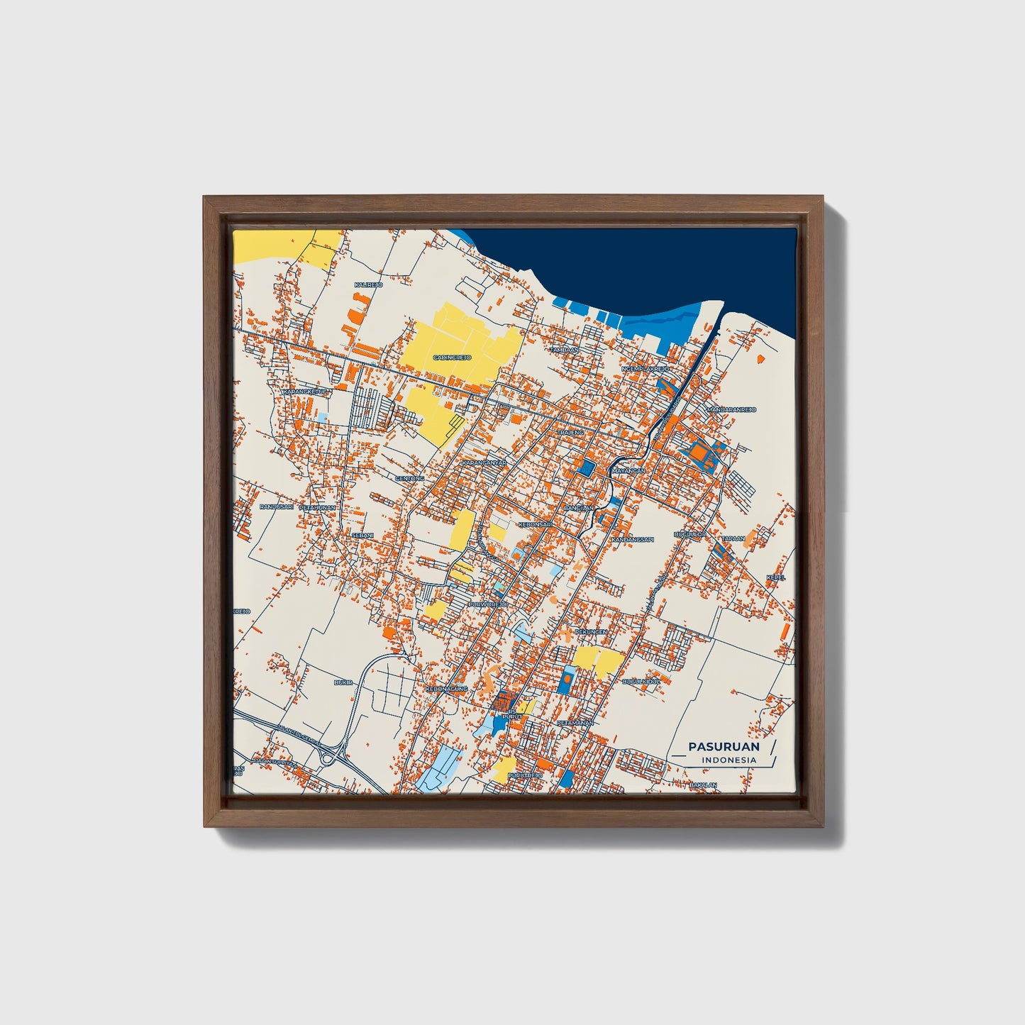 Pasuruan Indonesia Colorful City Map Canvas Print • Dark Wooden Framed