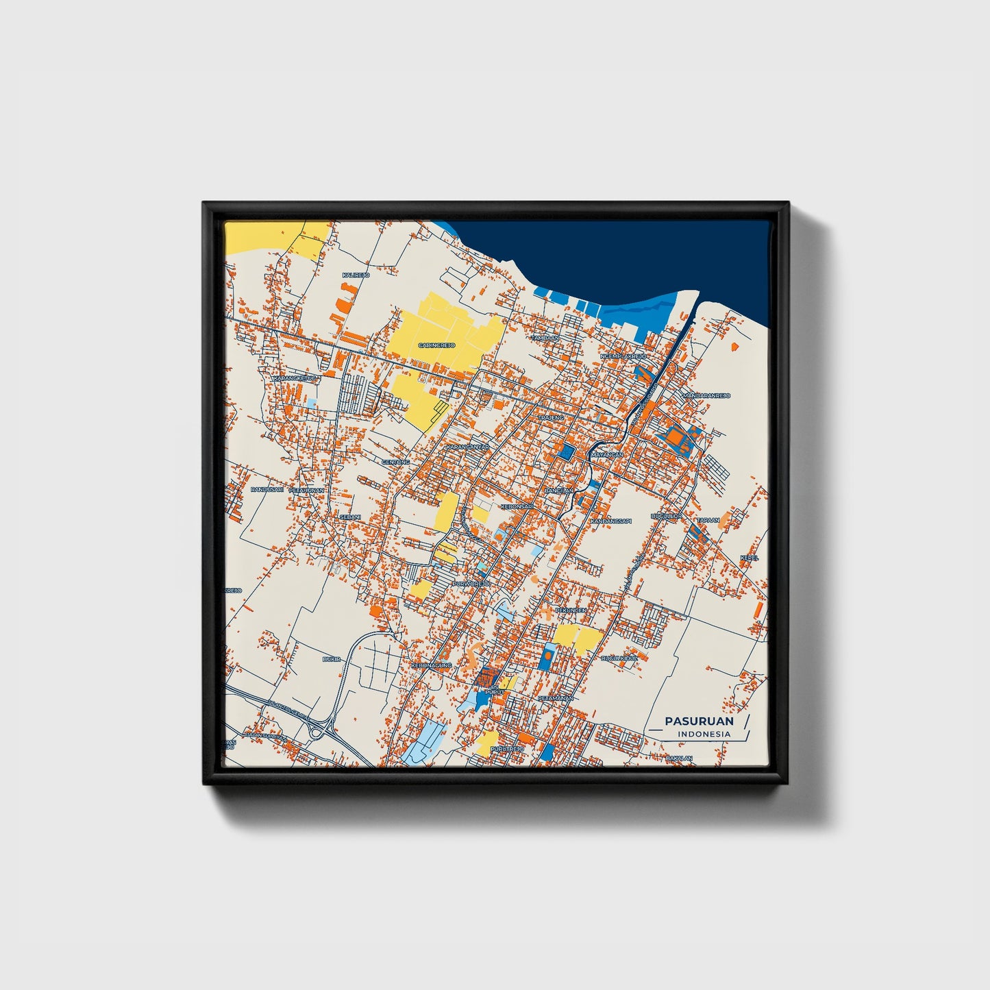 Pasuruan Indonesia Colorful City Map Canvas Print • Black Framed