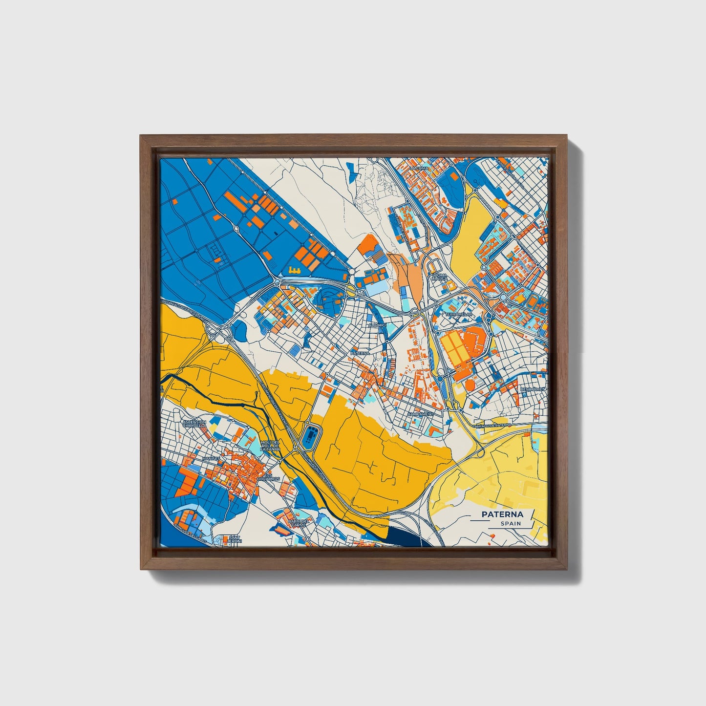 Paterna Spain Colorful City Map Canvas Print • Dark Wooden Framed