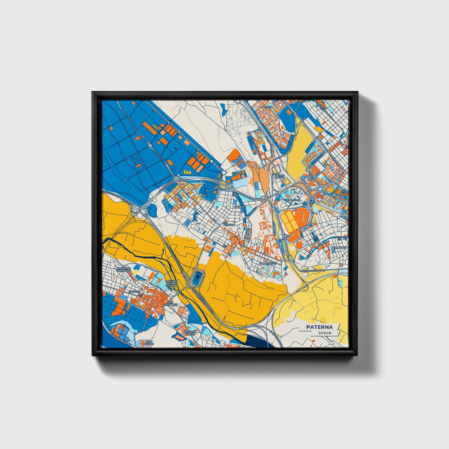 Paterna Spain Colorful City Map Canvas Print • Black Framed