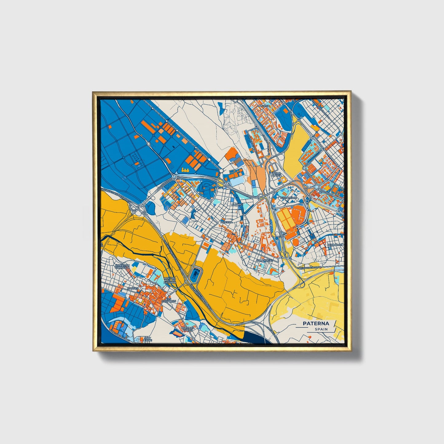 Paterna Spain Colorful City Map Canvas Print • Gold Framed