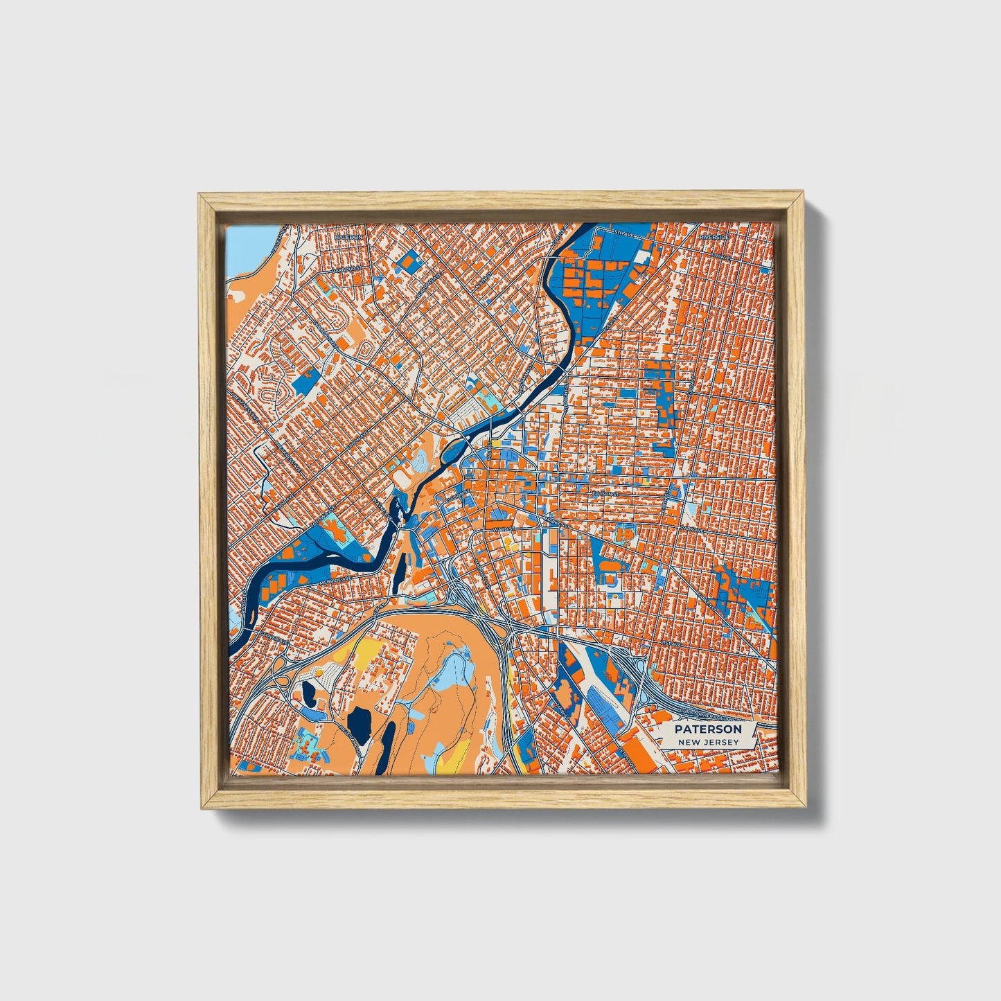 Paterson New Jersey Colorful City Map Canvas Print • Natural Wooden Framed