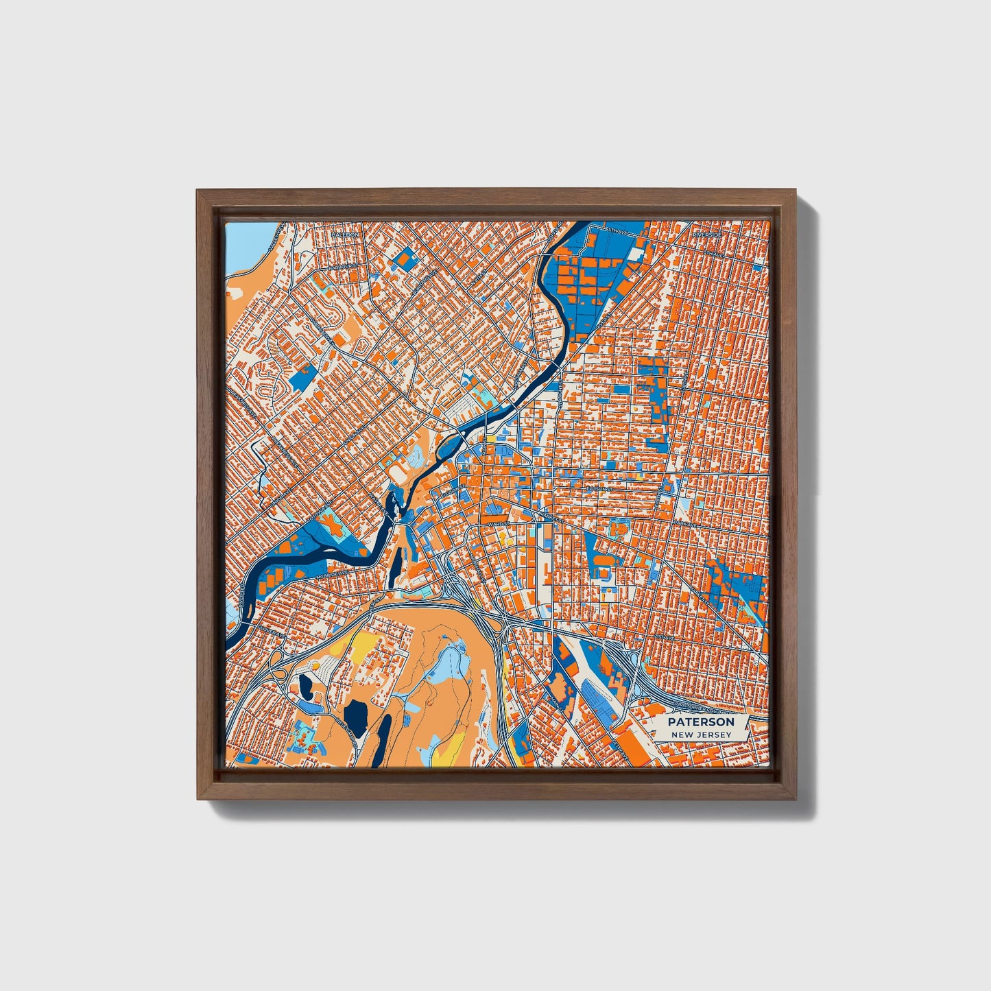 Paterson New Jersey Colorful City Map Canvas Print • Dark Wooden Framed