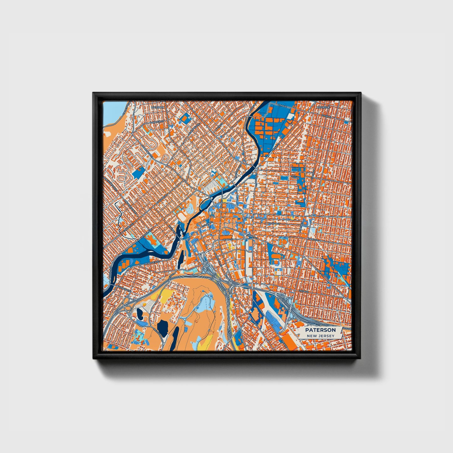 Paterson New Jersey Colorful City Map Canvas Print • Black Framed