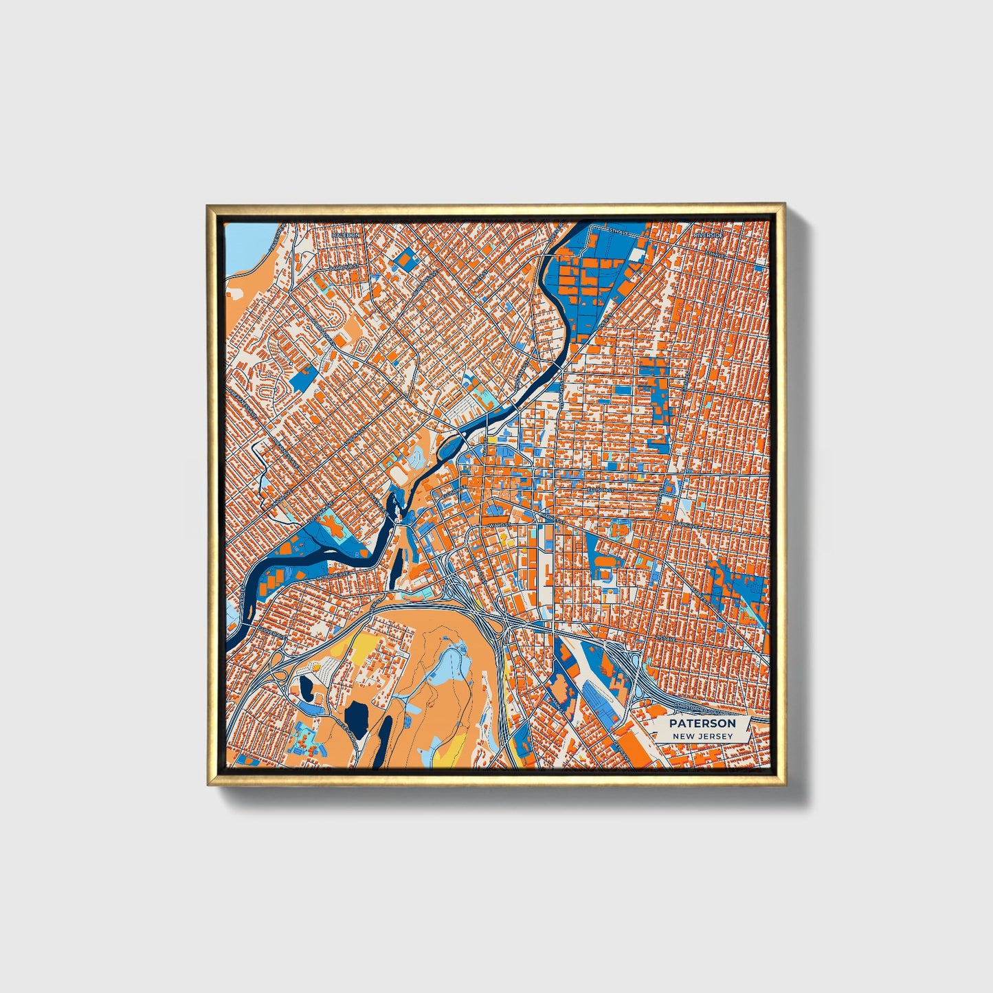 Paterson New Jersey Colorful City Map Canvas Print • Gold Framed