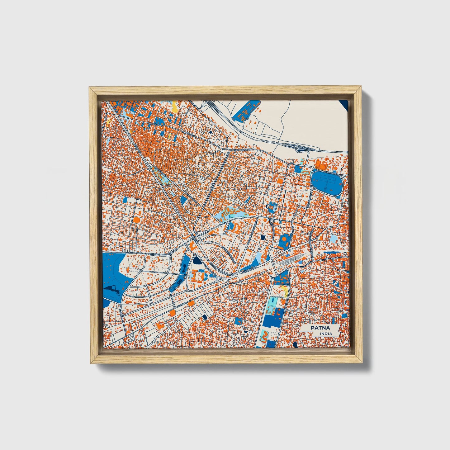 Patna India Colorful City Map Canvas Print • Natural Wooden Framed
