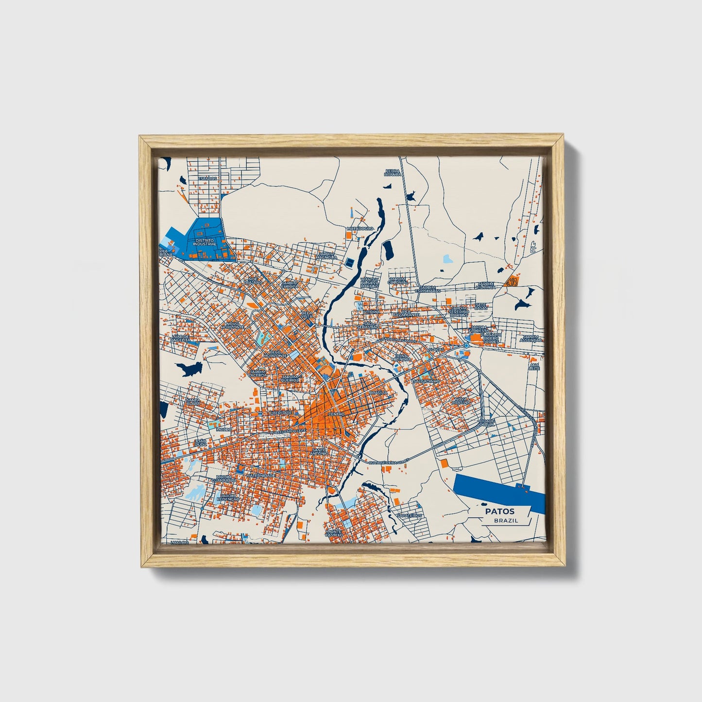 Patos Brazil Colorful City Map Canvas Print • Natural Wooden Framed