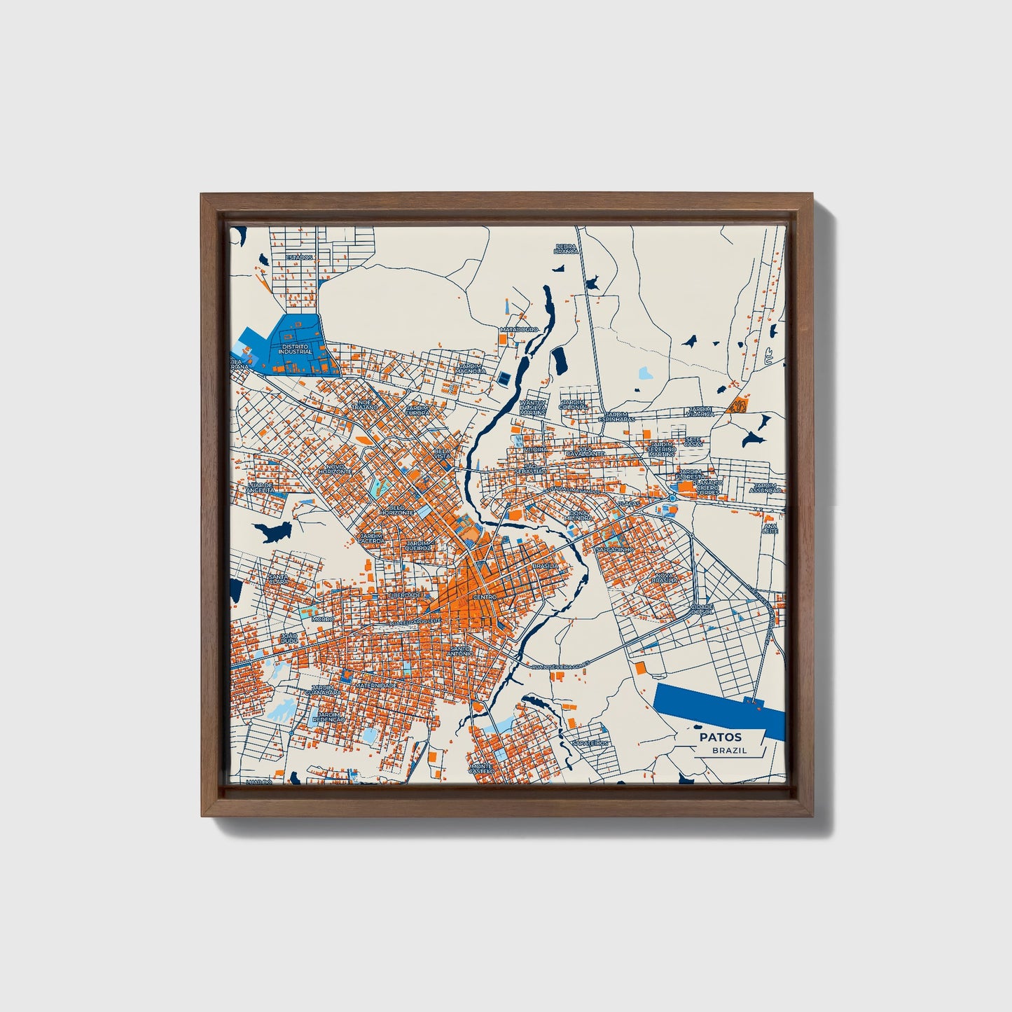 Patos Brazil Colorful City Map Canvas Print • Dark Wooden Framed