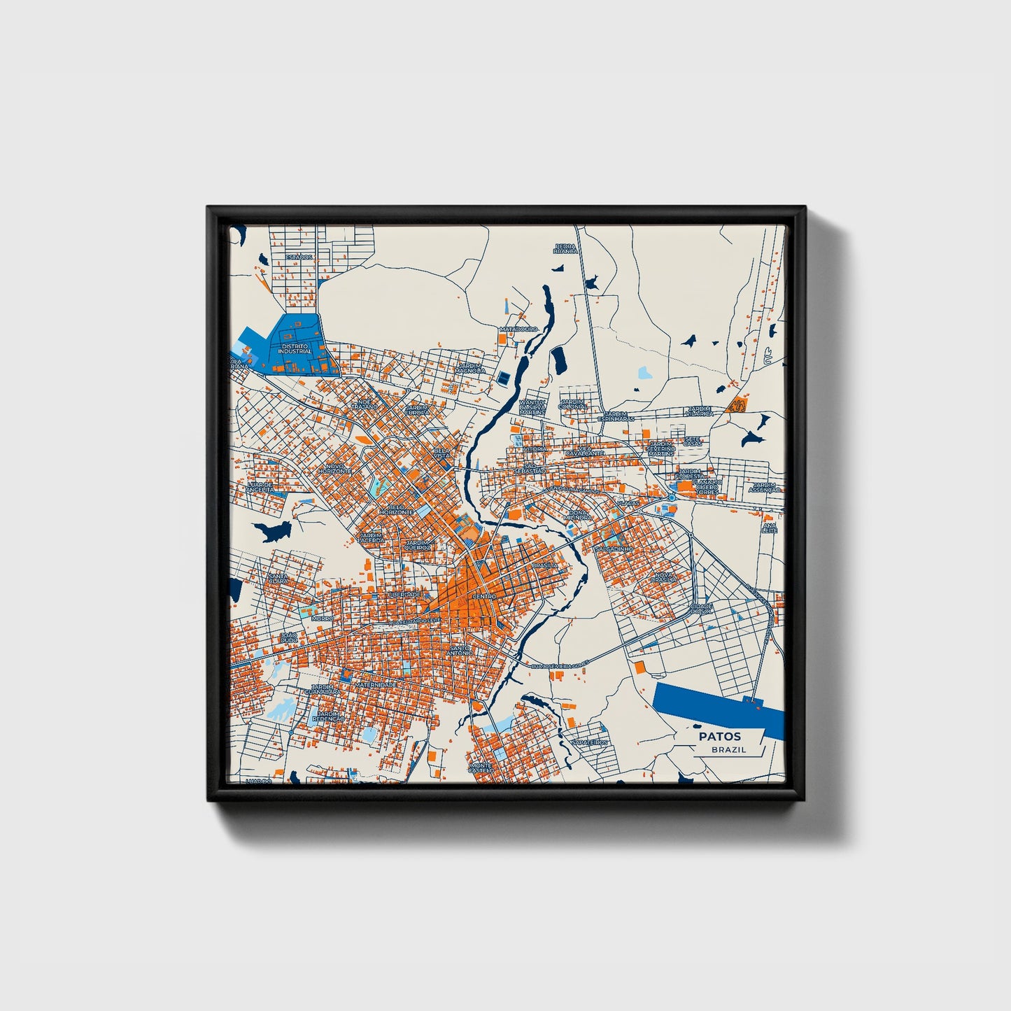 Patos Brazil Colorful City Map Canvas Print • Black Framed