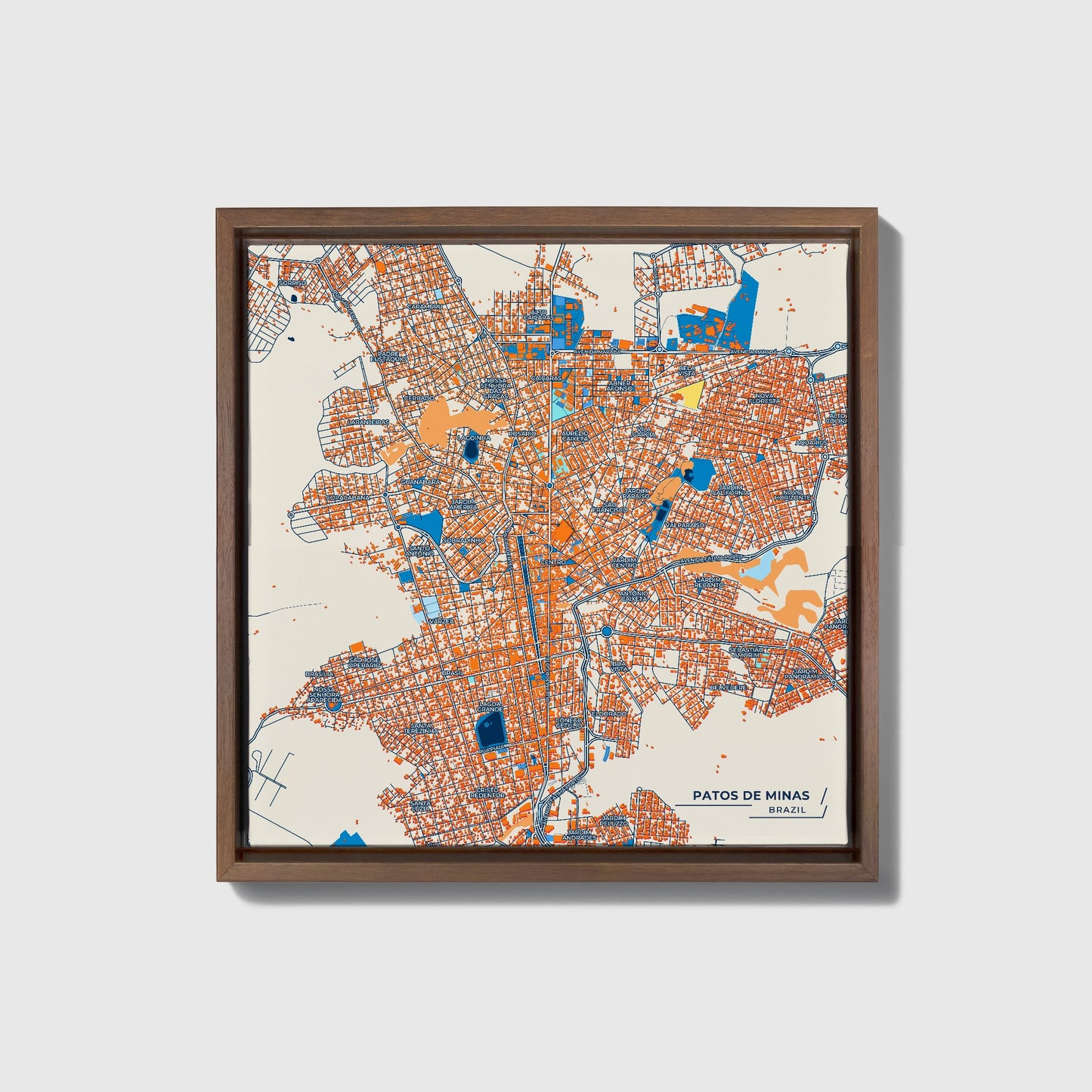 Patos De Minas Brazil Colorful City Map Canvas Print • Dark Wooden Framed