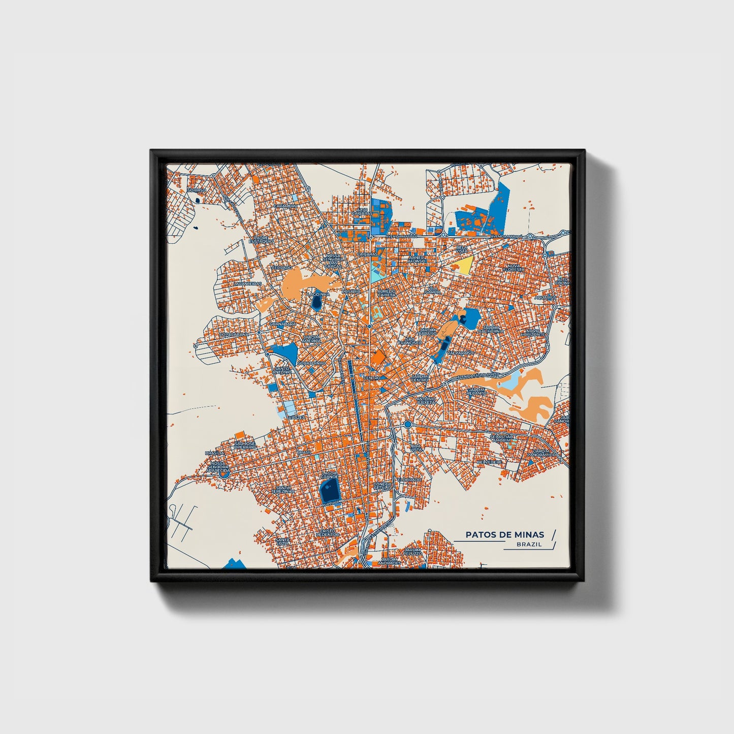 Patos De Minas Brazil Colorful City Map Canvas Print • Black Framed