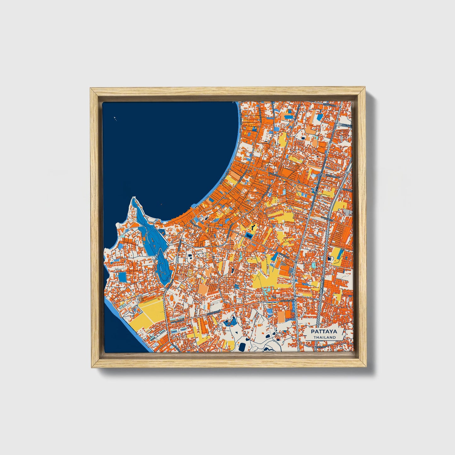 Pattaya Thailand Colorful City Map Canvas Print • Natural Wooden Framed