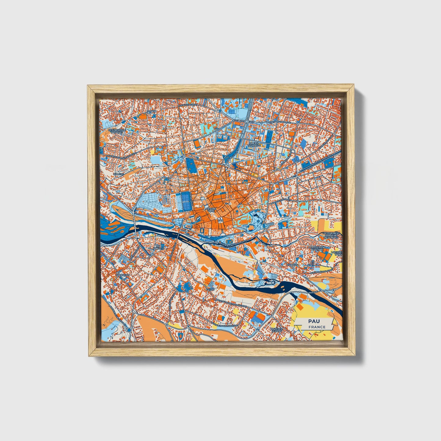 Pau France Colorful City Map Canvas Print • Natural Wooden Framed