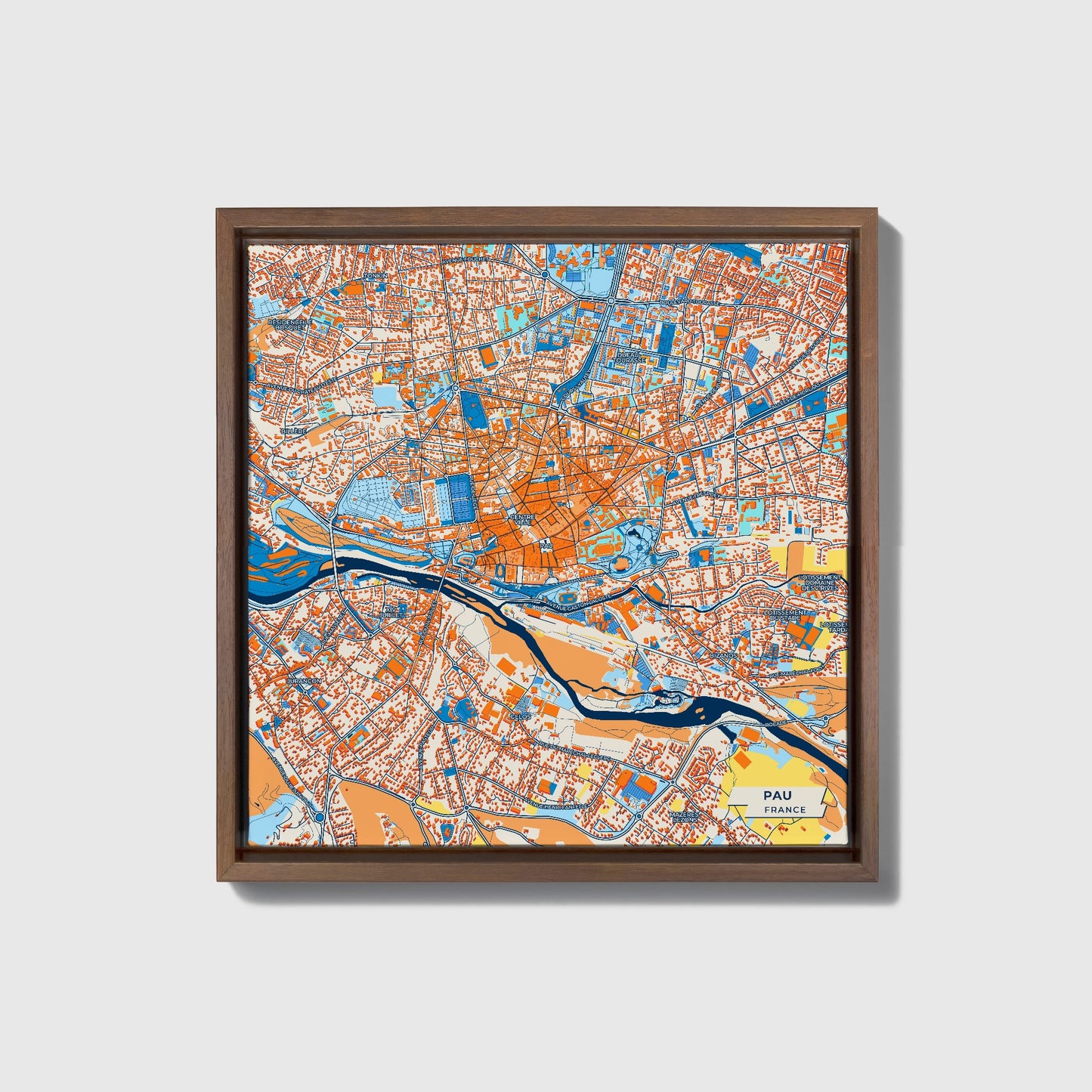 Pau France Colorful City Map Canvas Print • Dark Wooden Framed