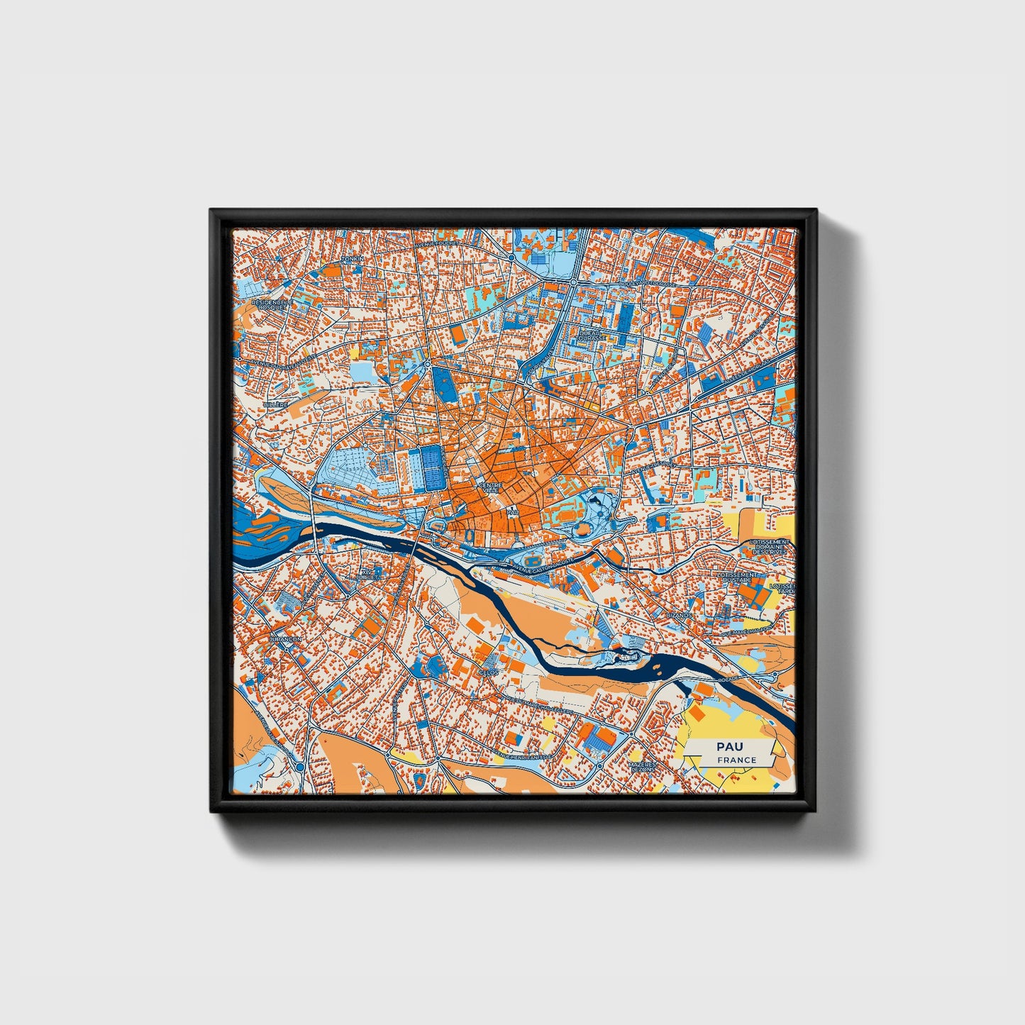 Pau France Colorful City Map Canvas Print • Black Framed