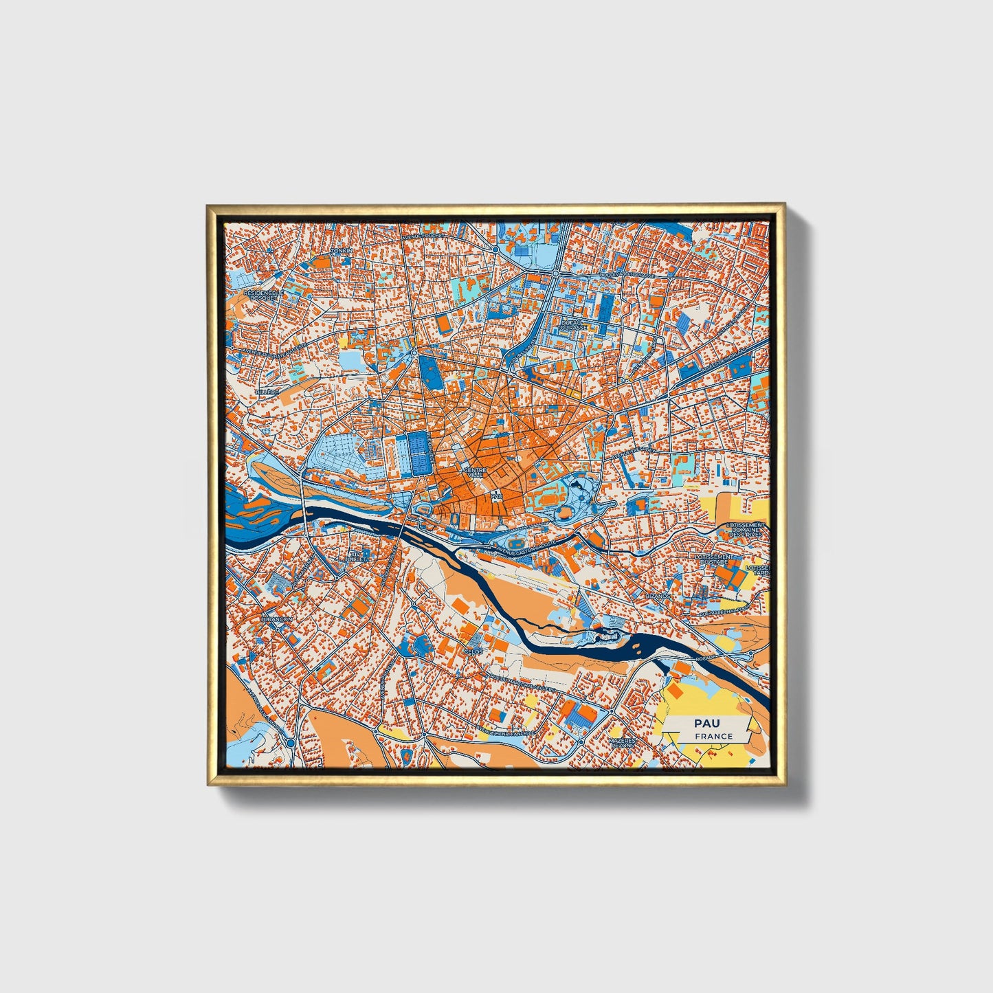 Pau France Colorful City Map Canvas Print • Gold Framed
