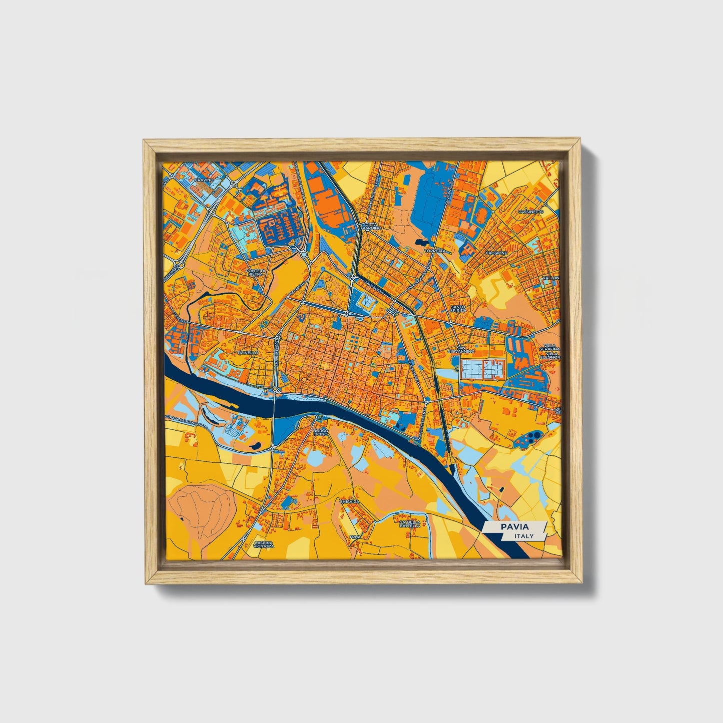 Pavia Italy Colorful City Map Canvas Print • Natural Wooden Framed