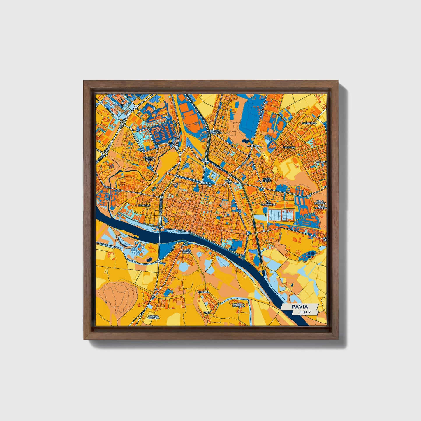 Pavia Italy Colorful City Map Canvas Print • Dark Wooden Framed