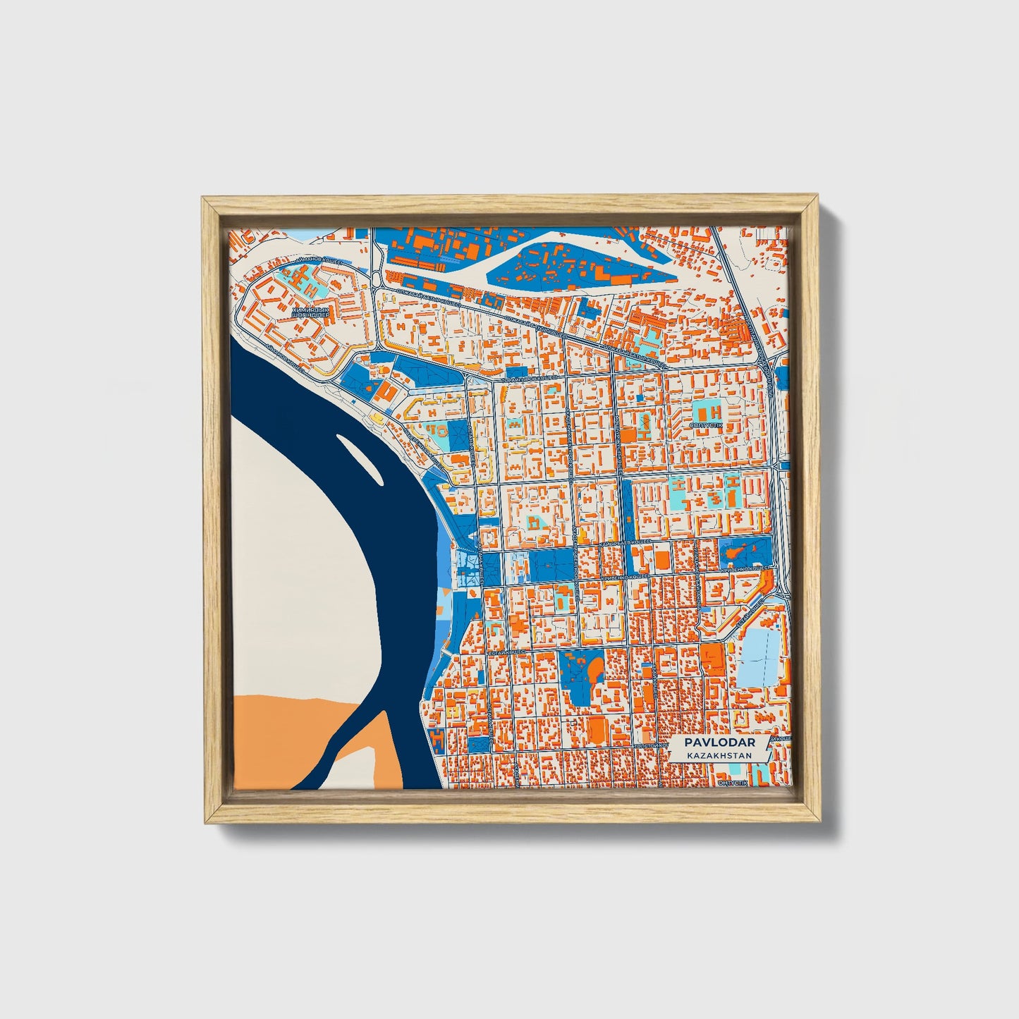 Pavlodar Kazakhstan Colorful City Map Canvas Print • Natural Wooden Framed