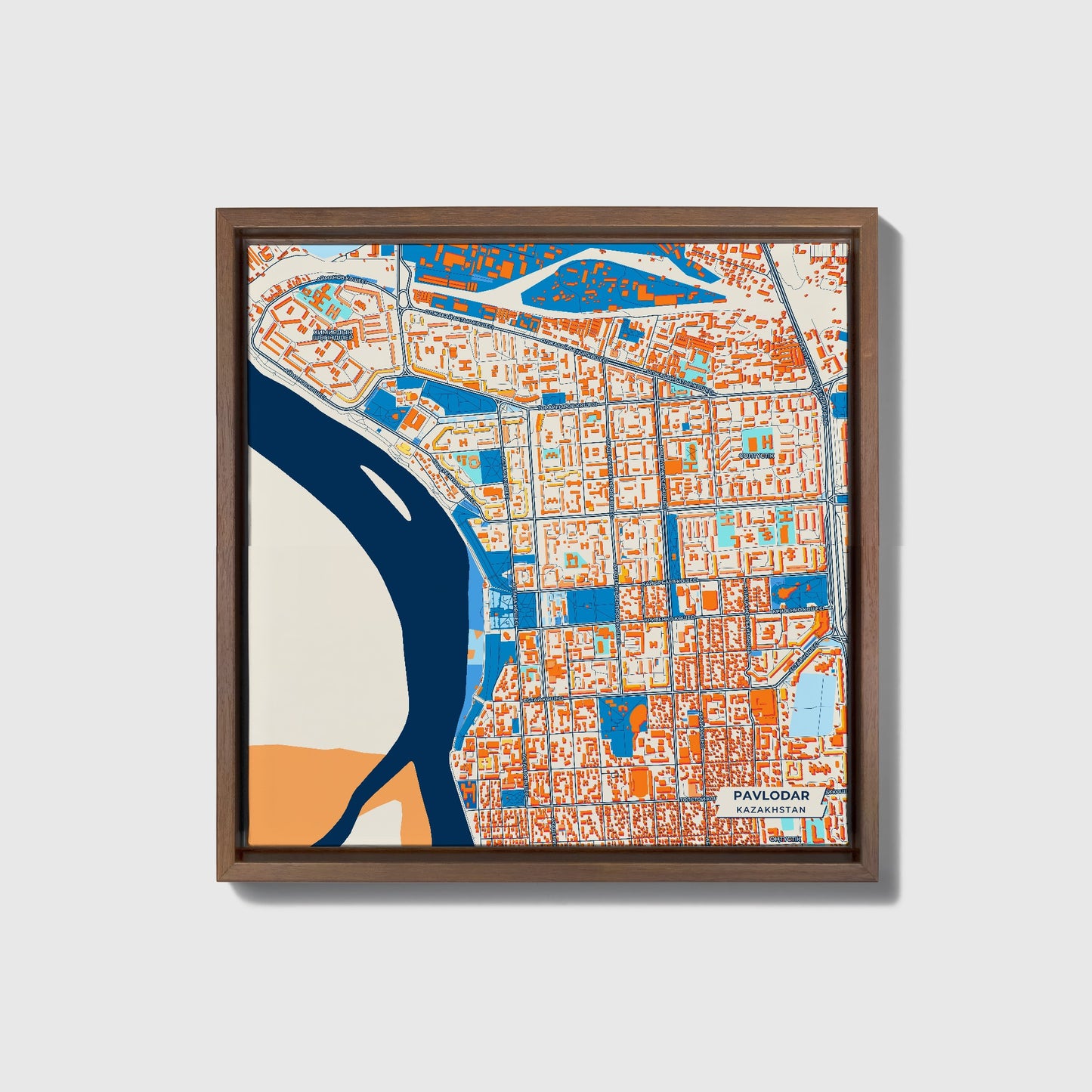 Pavlodar Kazakhstan Colorful City Map Canvas Print • Dark Wooden Framed