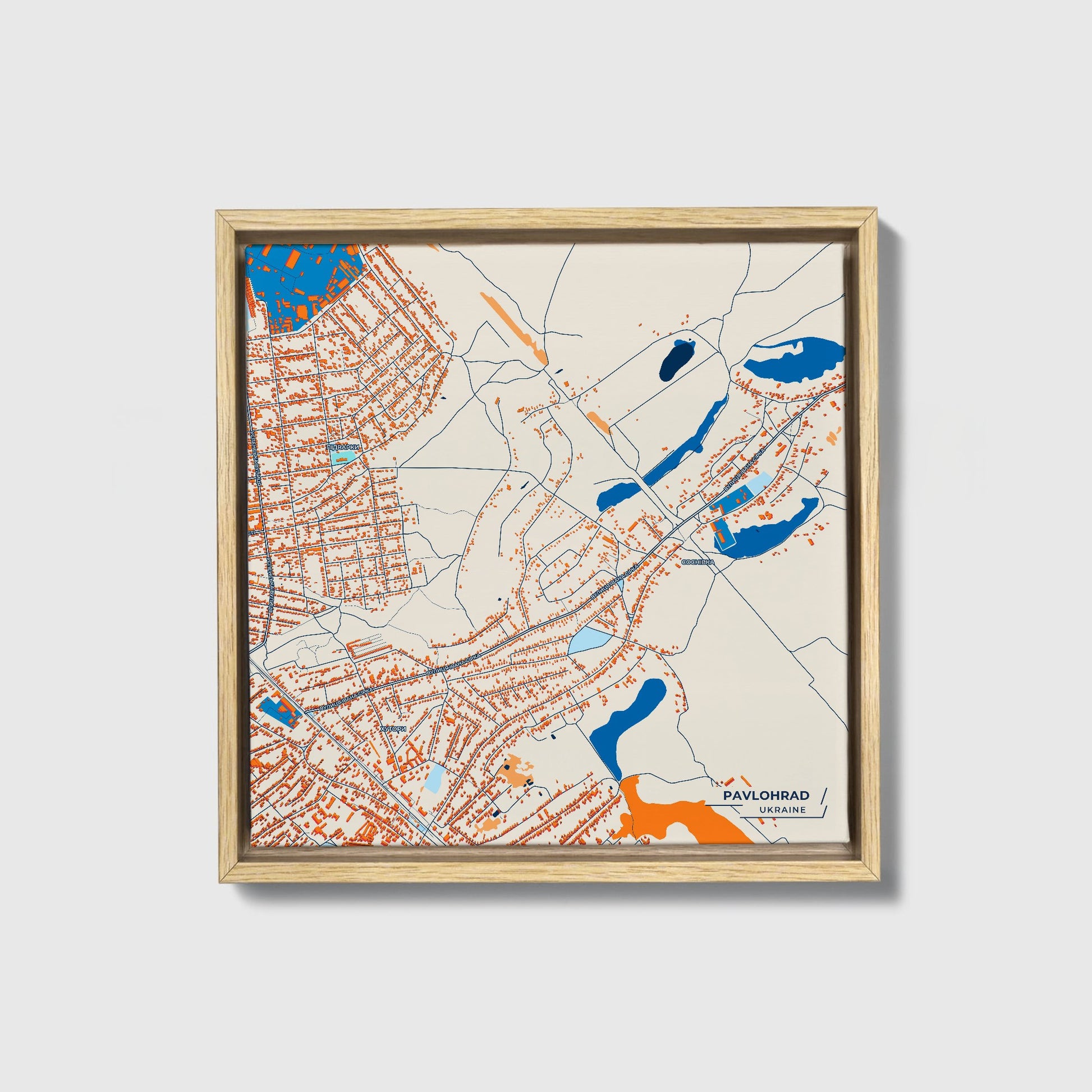 Павлоград Ukraine Colorful City Map Canvas Print • Natural Wooden Framed