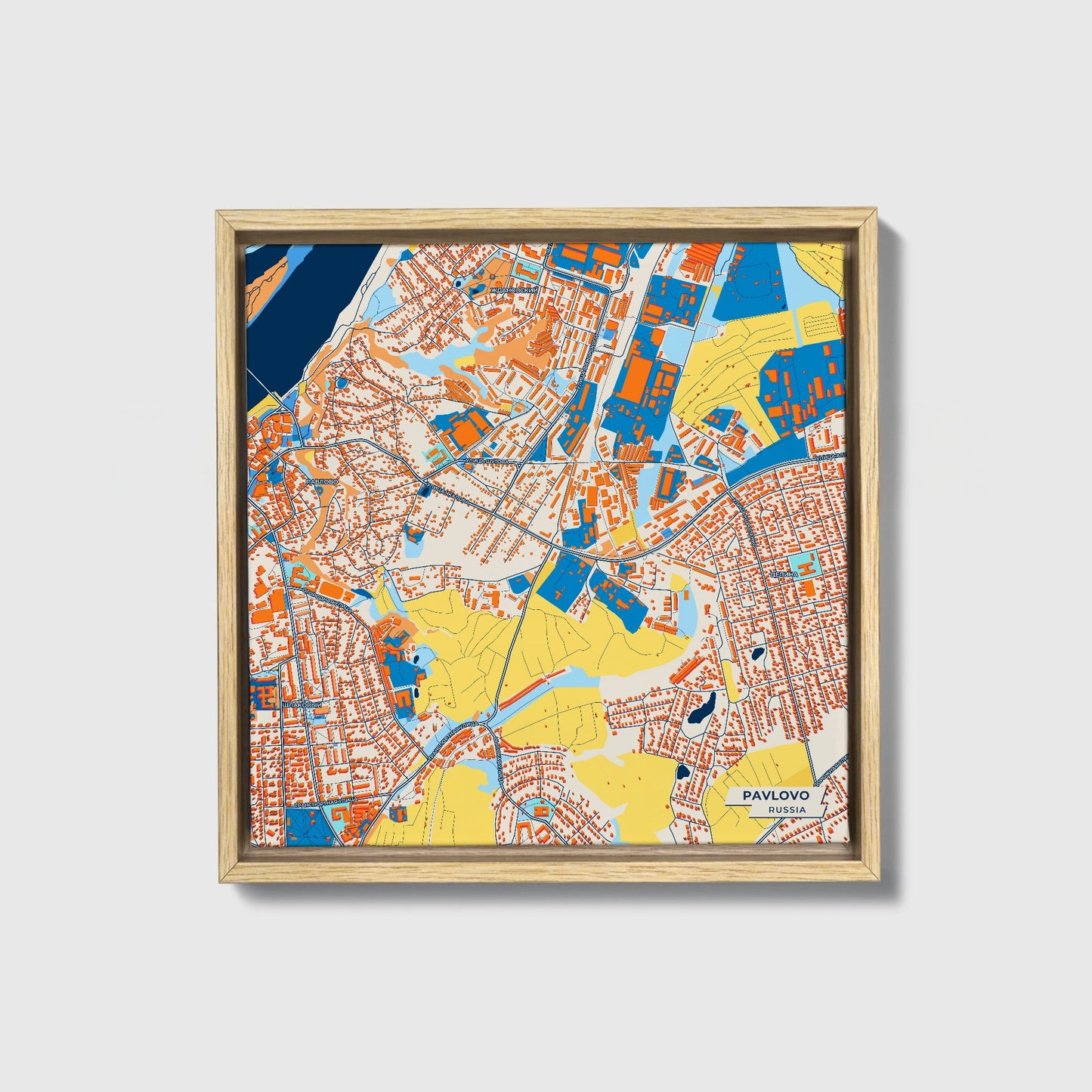 Павлово Russia Colorful City Map Canvas Print • Natural Wooden Framed