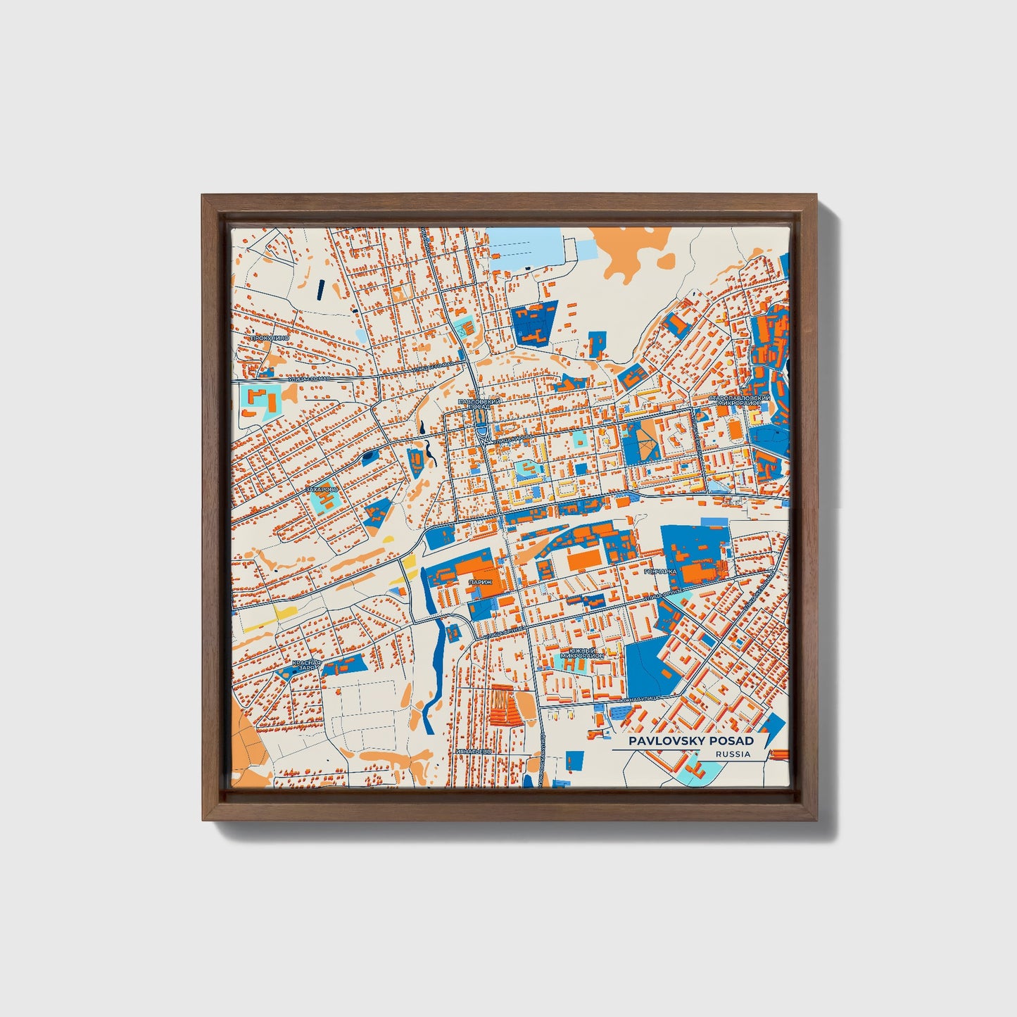 Павловский Посад Russia Colorful City Map Canvas Print • Dark Wooden Framed