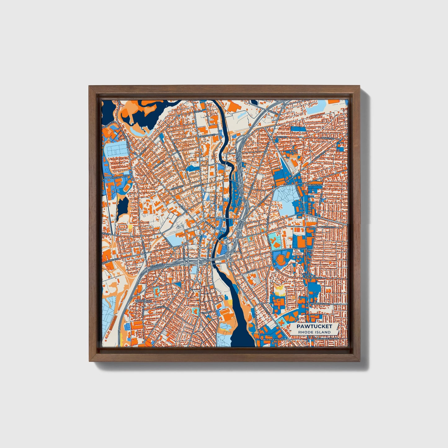 Pawtucket Rhode Island Colorful City Map Canvas Print • Dark Wooden Framed