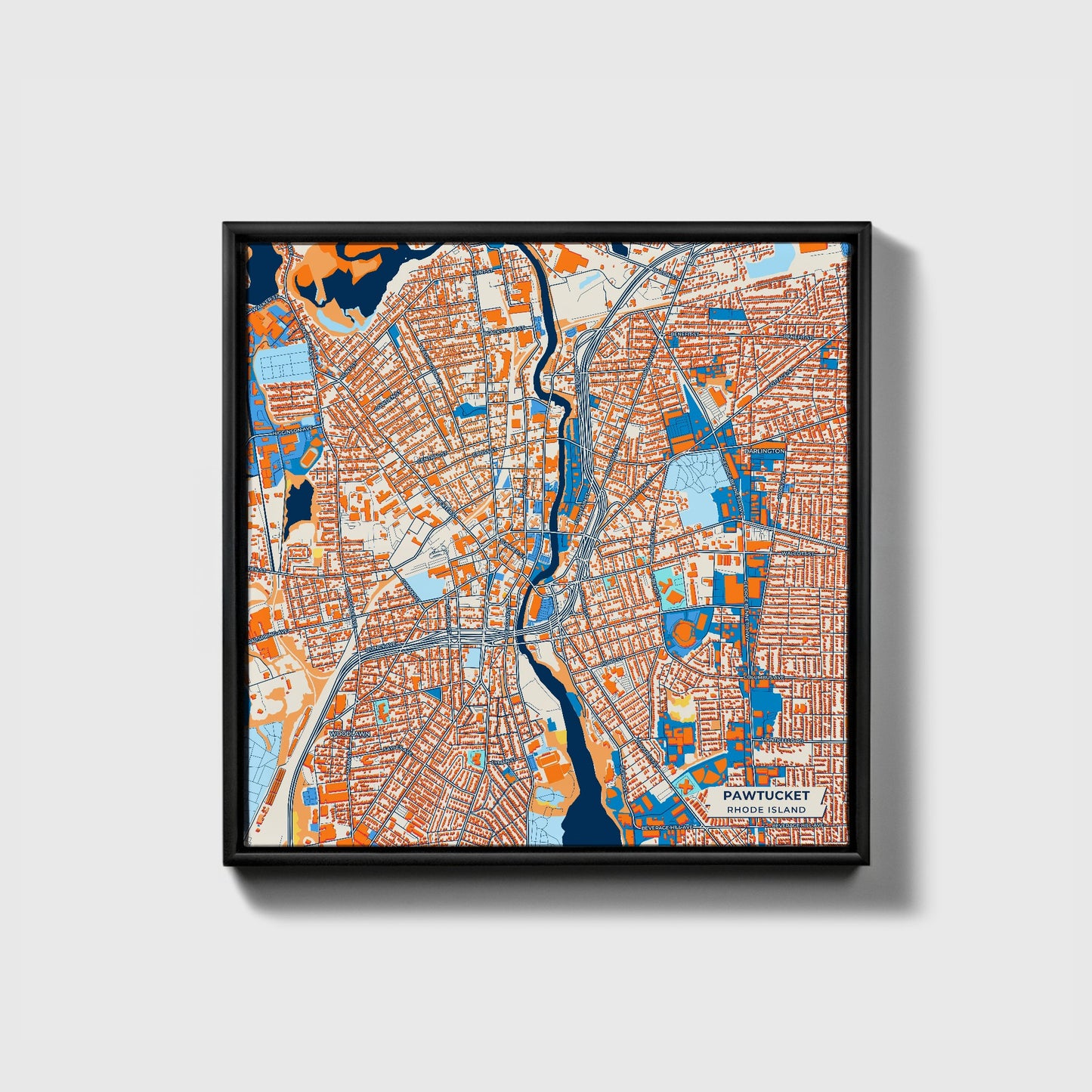 Pawtucket Rhode Island Colorful City Map Canvas Print • Black Framed